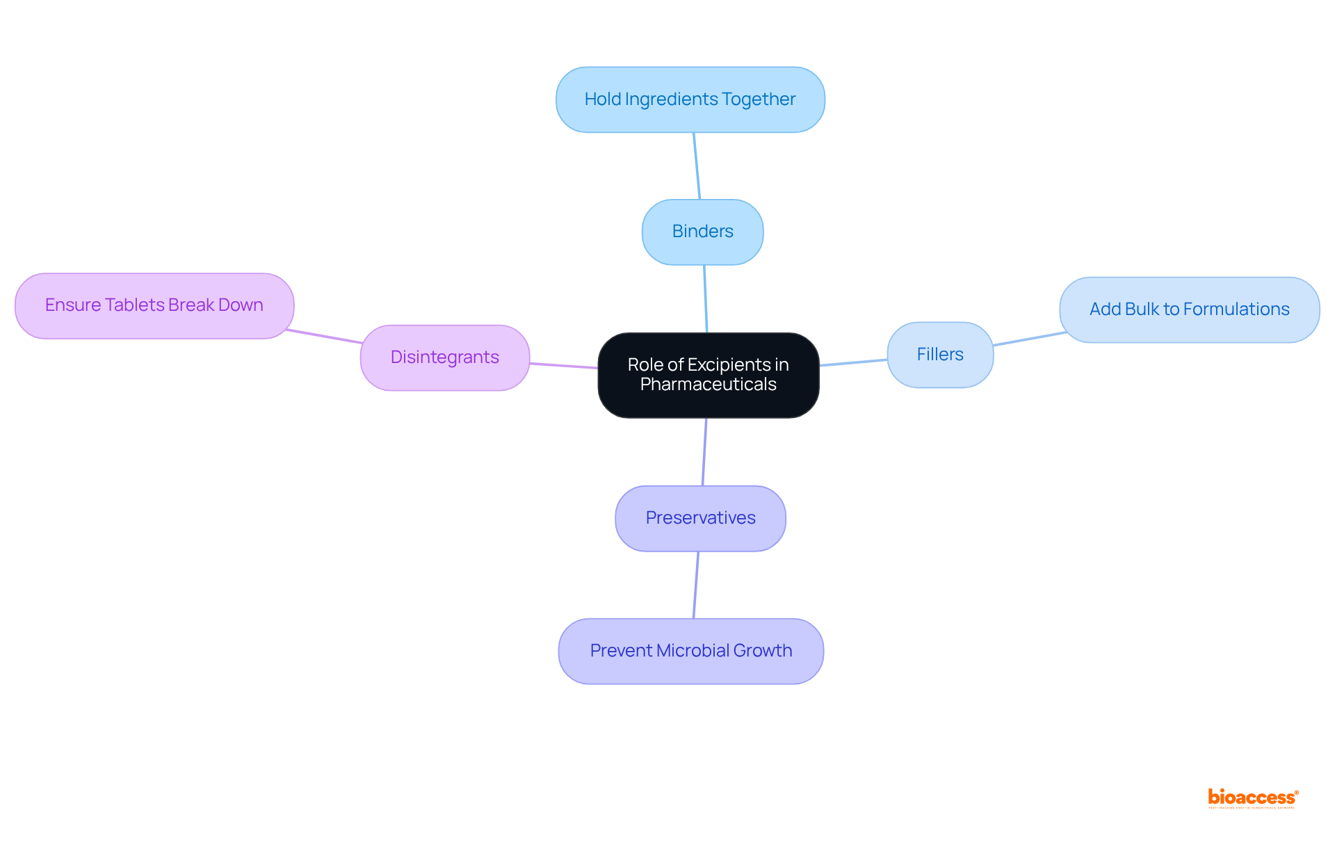 The central node represents the overall role of excipients, with branches showing different types and their specific functions. It helps to visualize the important contributions of each category to drug effectiveness and safety.