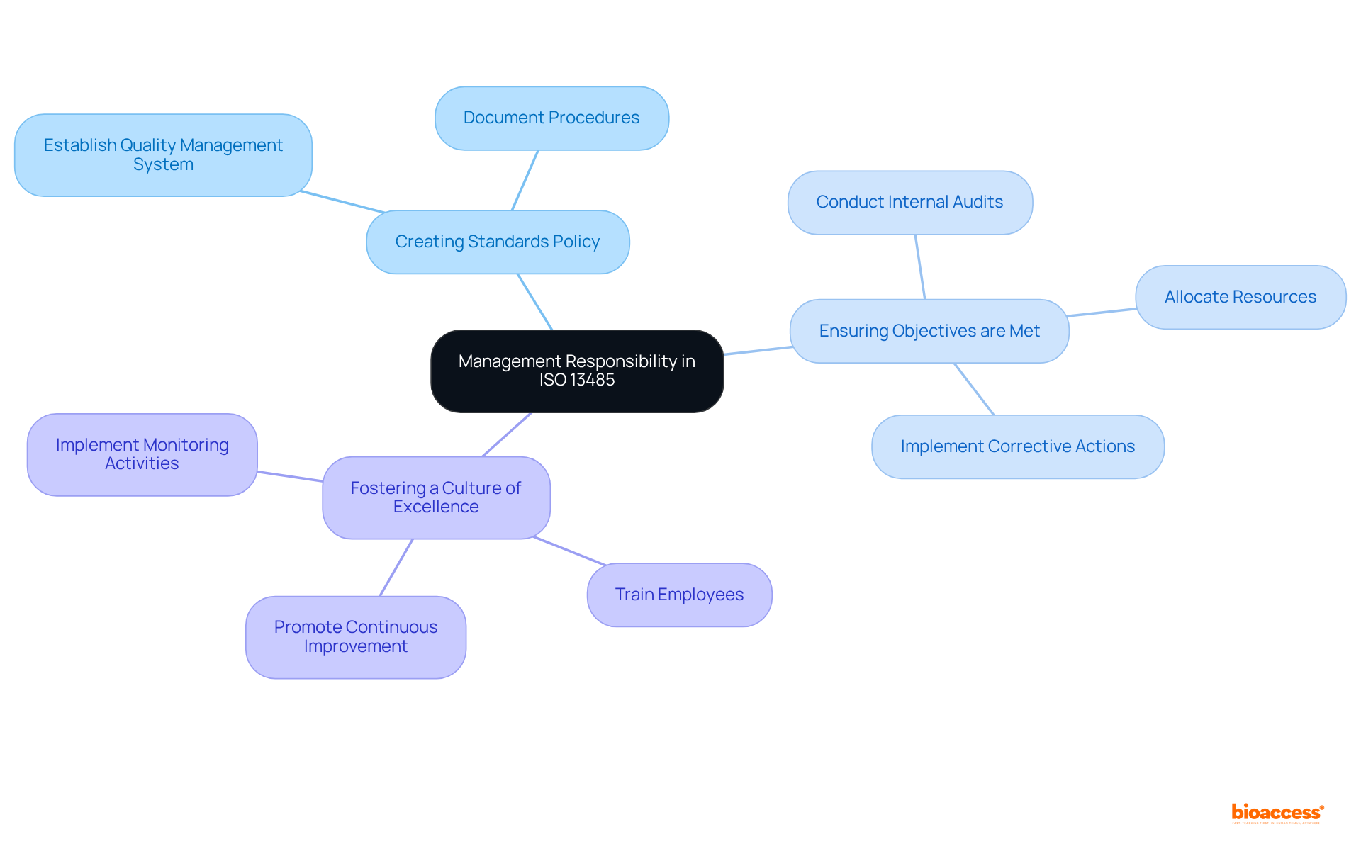 The central node represents the key theme of management responsibility, while the branches detail specific actions that contribute to quality assurance. Each branch's color helps distinguish the different areas of responsibility.