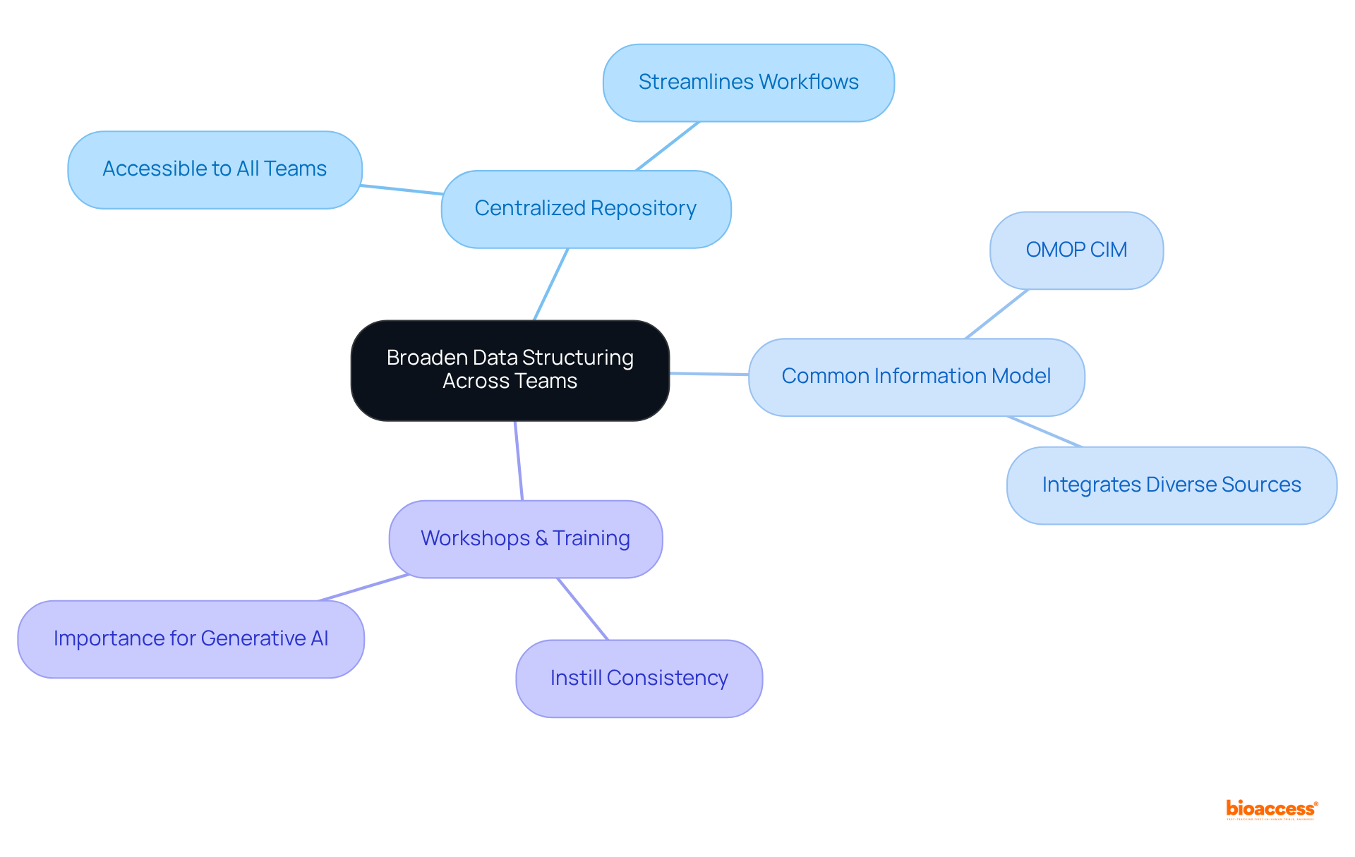The central idea represents the overall goal, while the branches show the strategies and examples that support this goal. Each branch relates to specific actions or outcomes that enhance data structuring.
