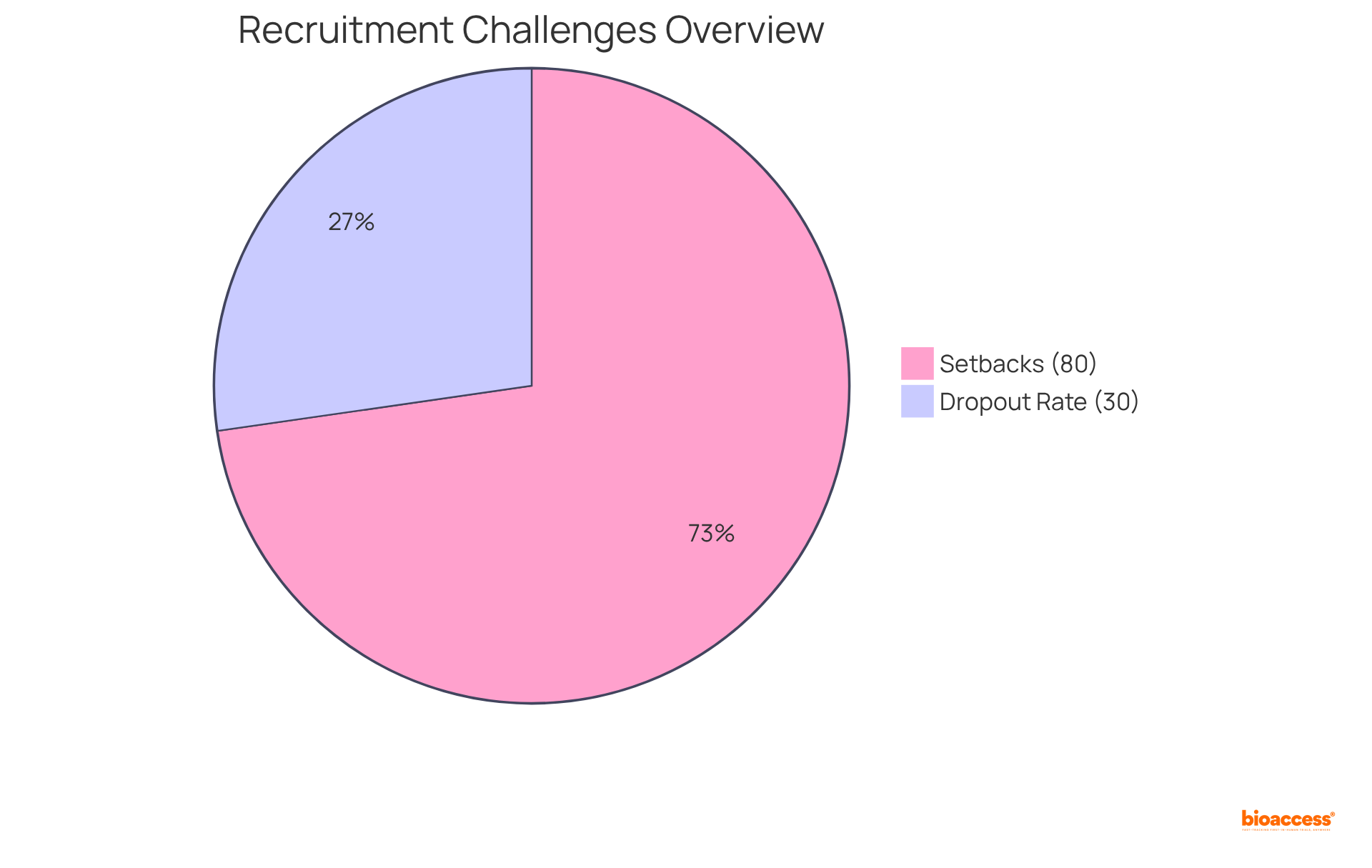 The blue slice represents the percentage of studies facing setbacks due to recruitment issues, while the red slice shows the dropout rate. Together, they highlight the critical challenges in patient recruitment.