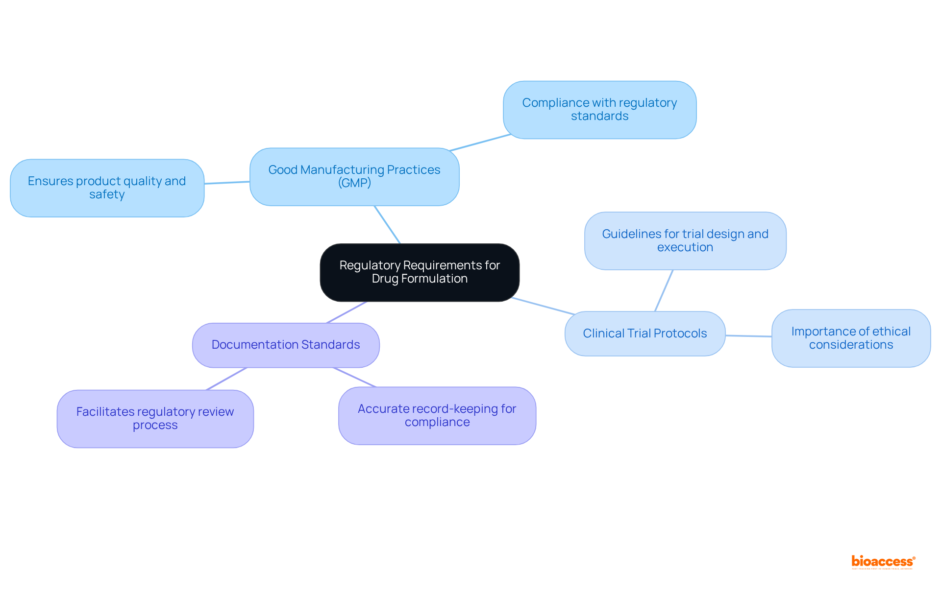 The center represents the overall goal of understanding regulatory requirements, while each branch shows a specific area that must be mastered to ensure successful medication development.