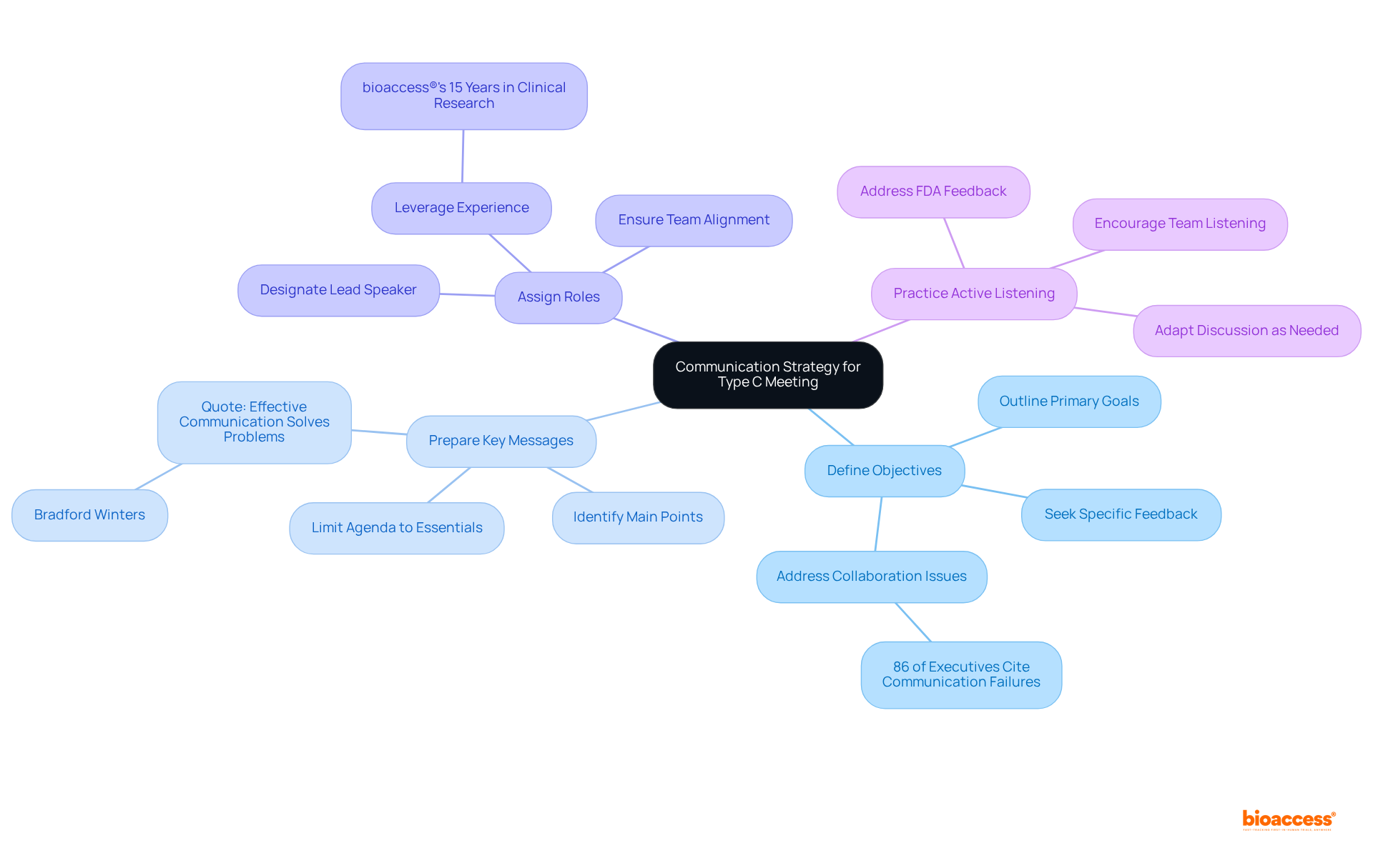 The center represents the overall communication strategy, while the branches show the essential elements that support effective communication during the meeting.