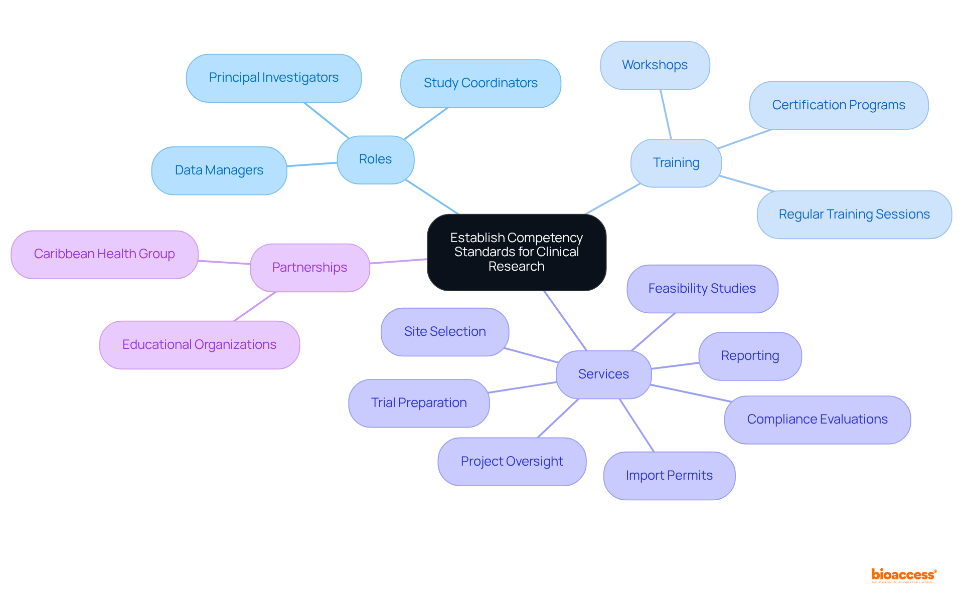 The central node represents the main focus on competency standards, while branches show detailed roles, training initiatives, services offered, and partnerships. Each color-coded branch helps you navigate through the different aspects of establishing these standards.