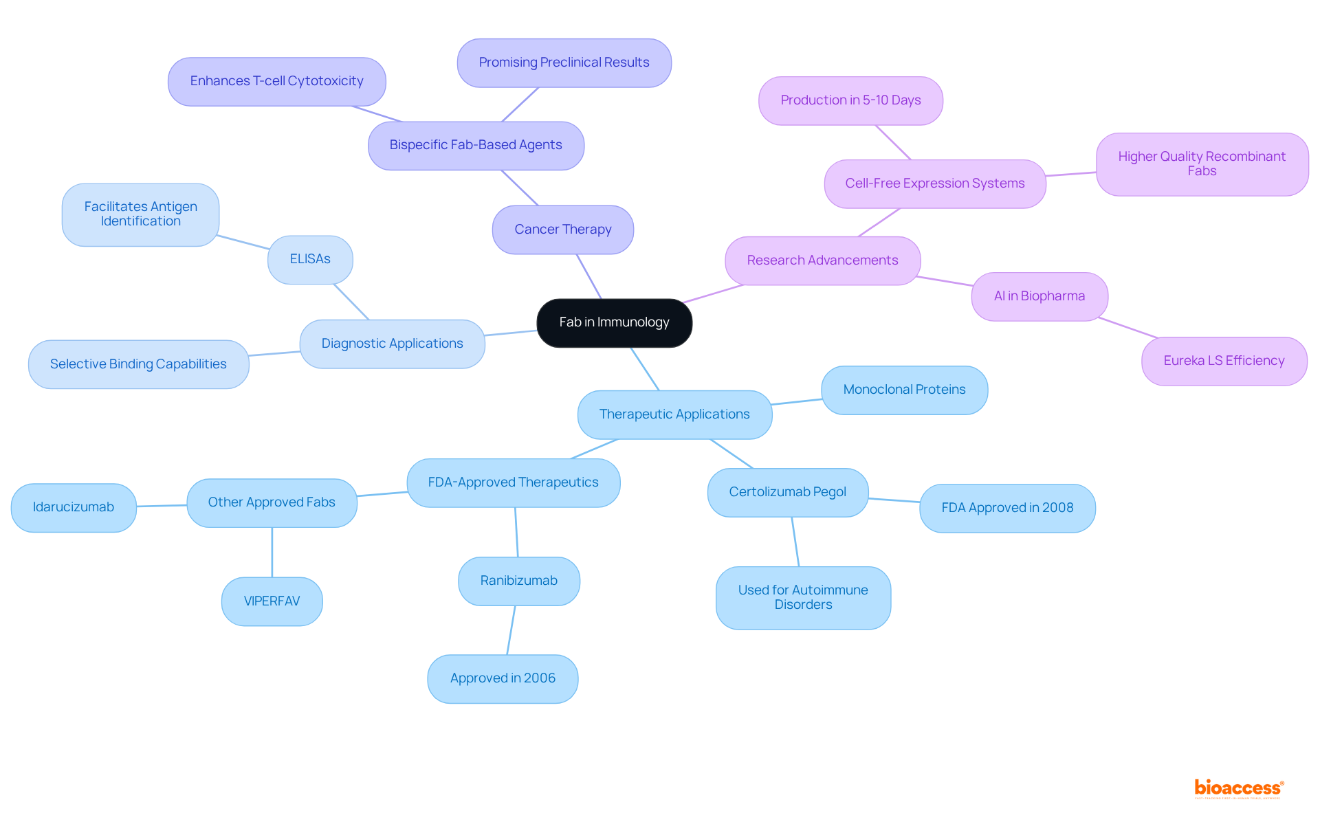 The central node represents the main topic, while each branch highlights different applications and advancements related to Fab portions in immunology. Sub-branches provide specific examples and details, making it easy to understand the broad impact and significance of Fab in both therapeutic and diagnostic contexts.