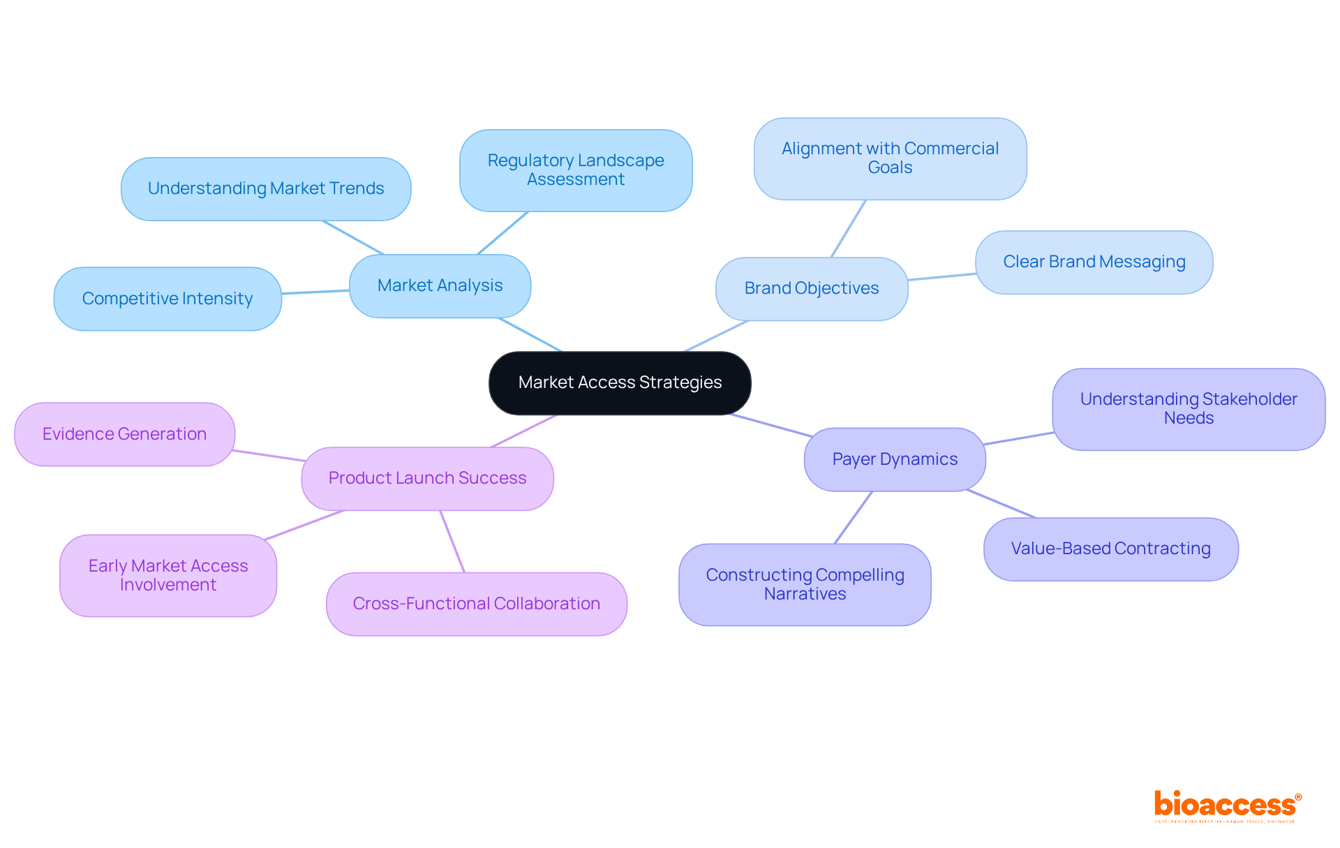 The center represents the main theme of market access strategies, while the branches illustrate key components that support successful product launches. Each branch shows how different strategies interconnect to enhance overall success.