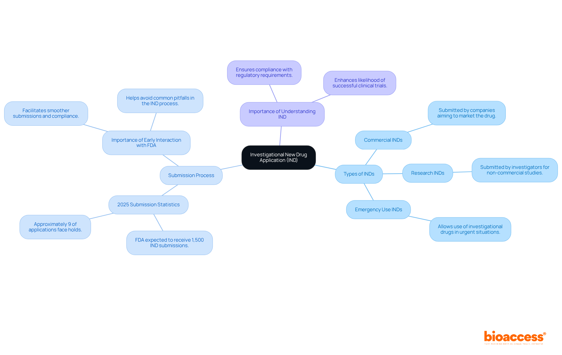 The central node represents the IND process, while branches detail the types of applications, submission statistics, and key reasons why understanding the IND is crucial for drug development.