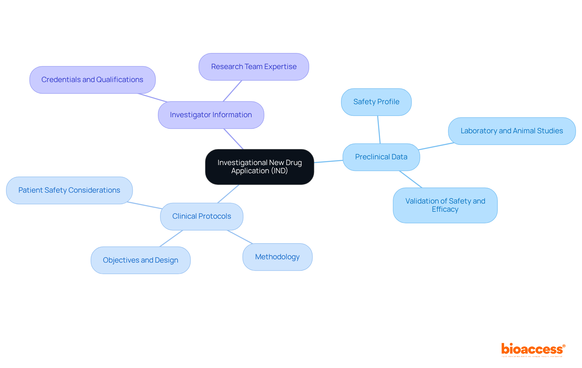 The central node represents the IND, while the branches show the key components necessary for the application. Each part provides essential details to understand the process and requirements for successful submissions.