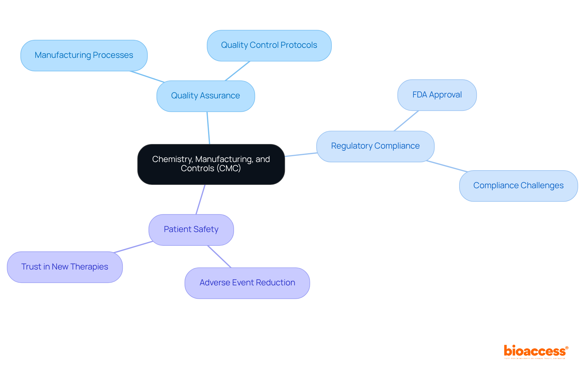 This mindmap illustrates the core concepts of CMC. Start from the center and follow the branches to explore various aspects that are crucial for ensuring the safety and efficacy of medicinal products.