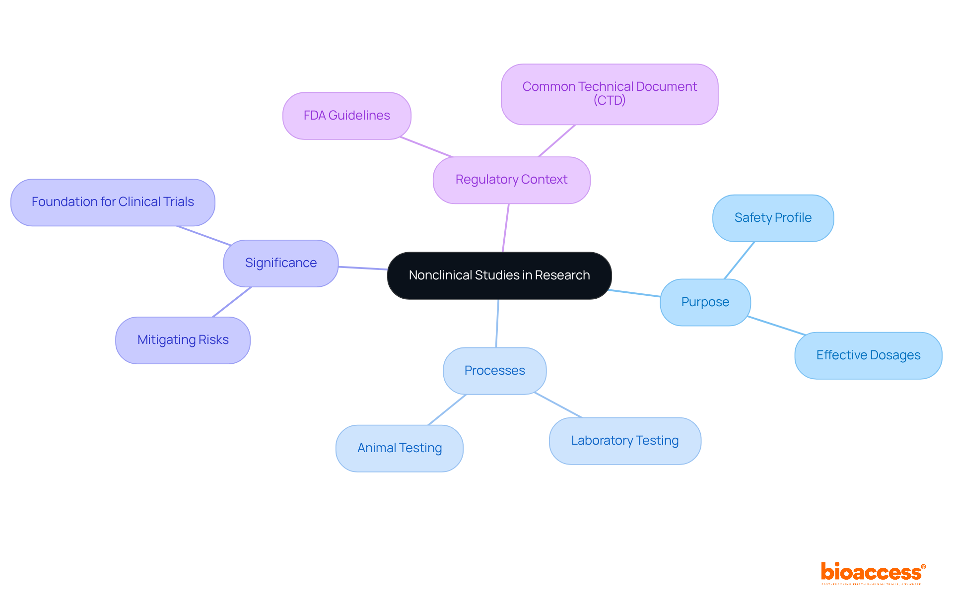 The central node represents the main idea, with branches showing related aspects. Each color-coded branch leads to specific elements that contribute to understanding nonclinical studies' importance in drug development. The central node represents the main idea, with branches showing related aspects. Each color-coded branch leads to specific elements that contribute to understanding nonclinical studies' importance in drug development.