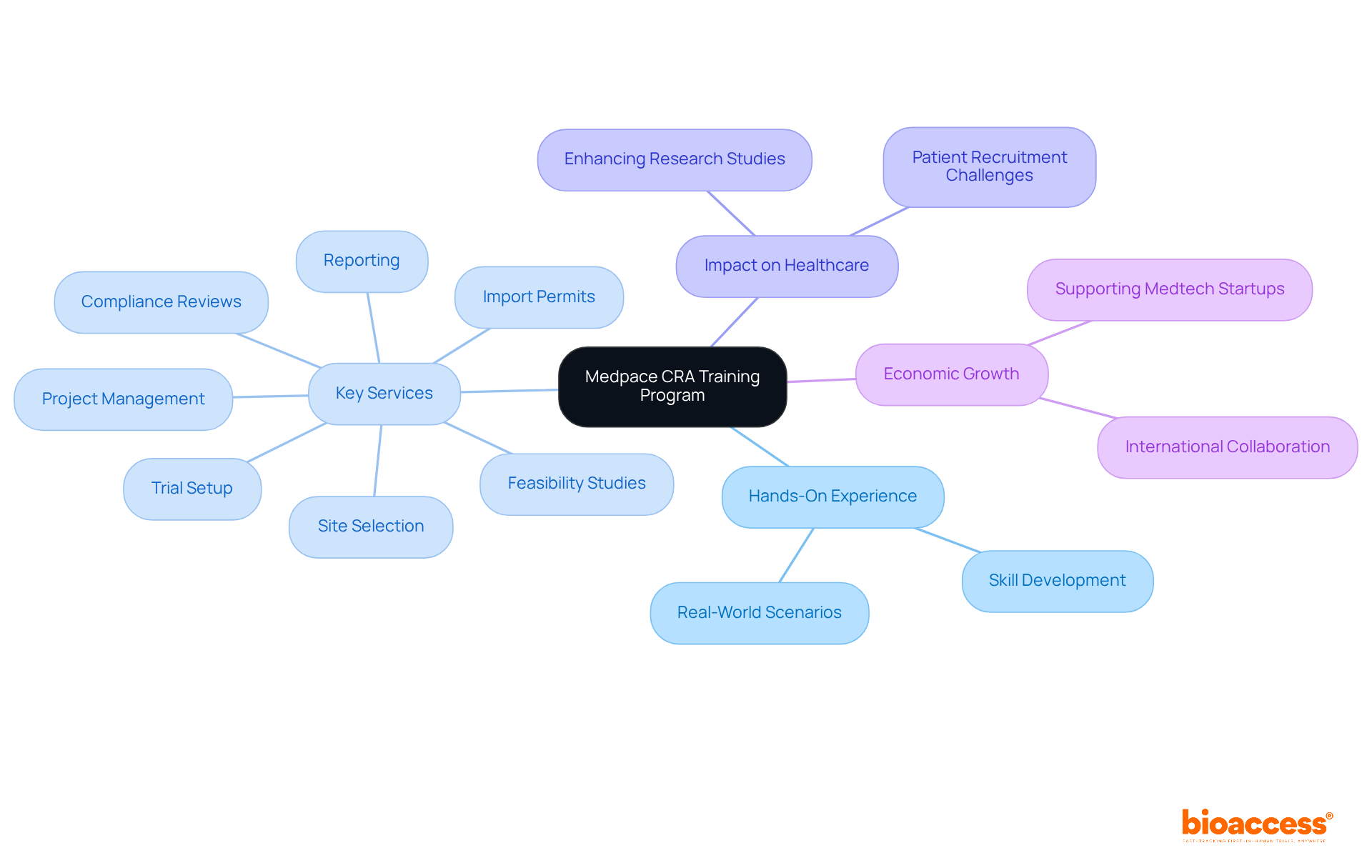 The central node represents the training program. Each branch shows different aspects of the program, including practical experience, services offered, and their impact on healthcare and the economy. The central node represents the training program. Each branch shows different aspects of the program, including practical experience, services offered, and their impact on healthcare and the economy.