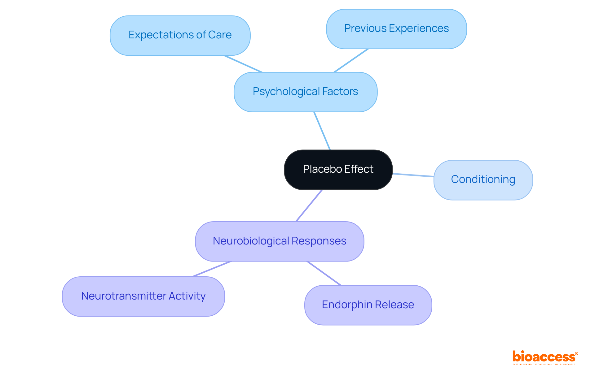 The central idea is the placebo effect, with branches showing the key factors that contribute to it. Each branch represents a different aspect, helping you understand how they interconnect and influence health outcomes.