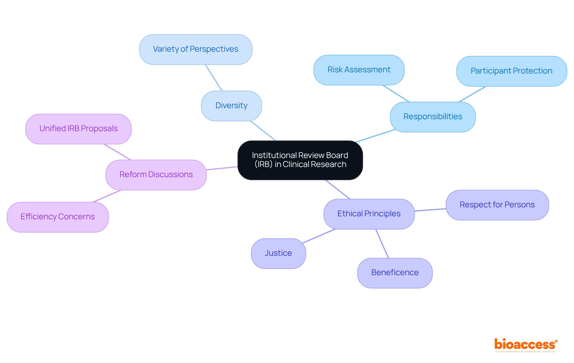 The central node represents IRBs, with branches showing their roles and responsibilities. Each color-coded branch contains specific aspects of IRB functions, helping you see how they all connect to the central theme of ethical oversight.