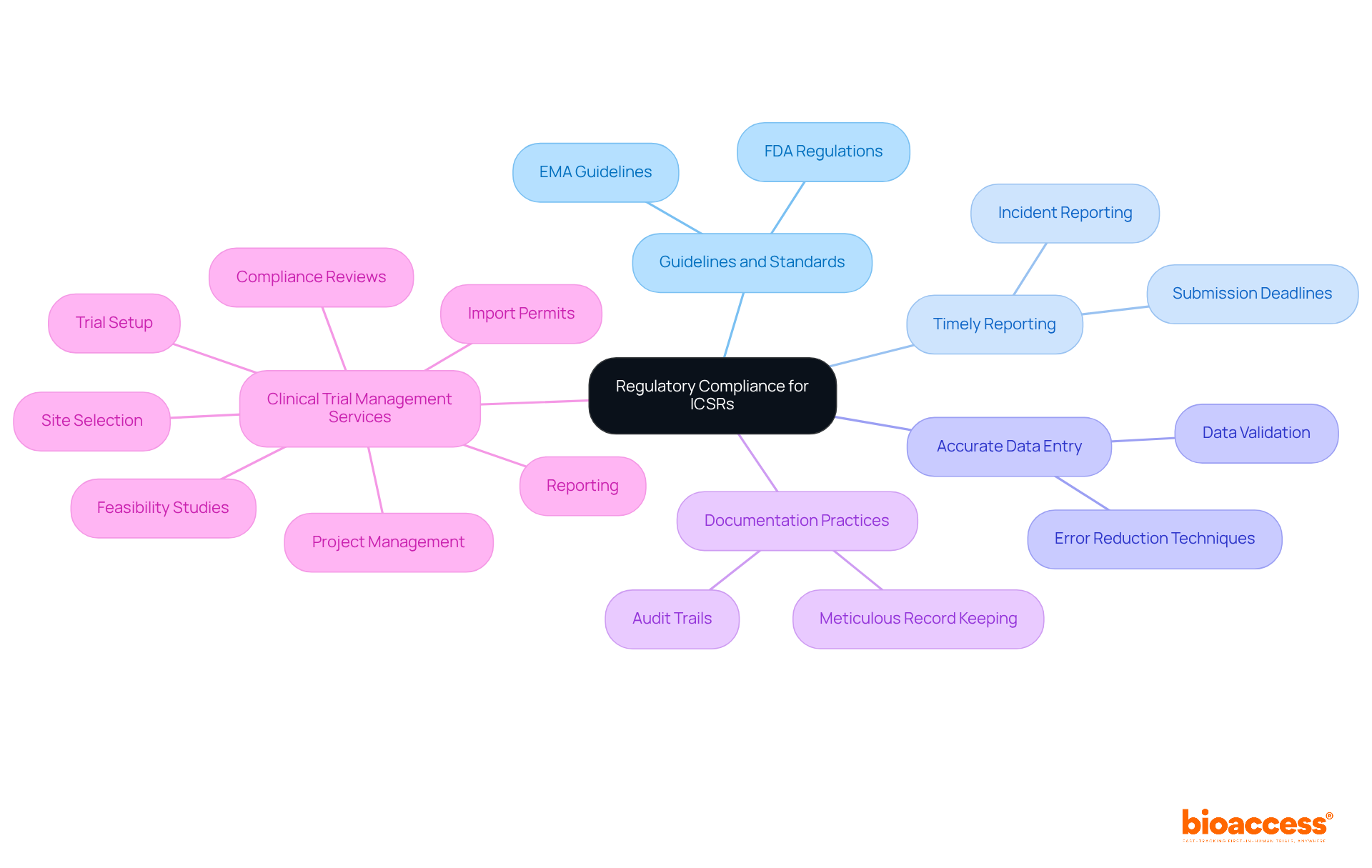 The center represents the main theme of regulatory compliance. Each branch represents a critical area of compliance, with further subdivisions showing specific practices or components. The use of color helps differentiate between areas, making the map easy to read and follow.
