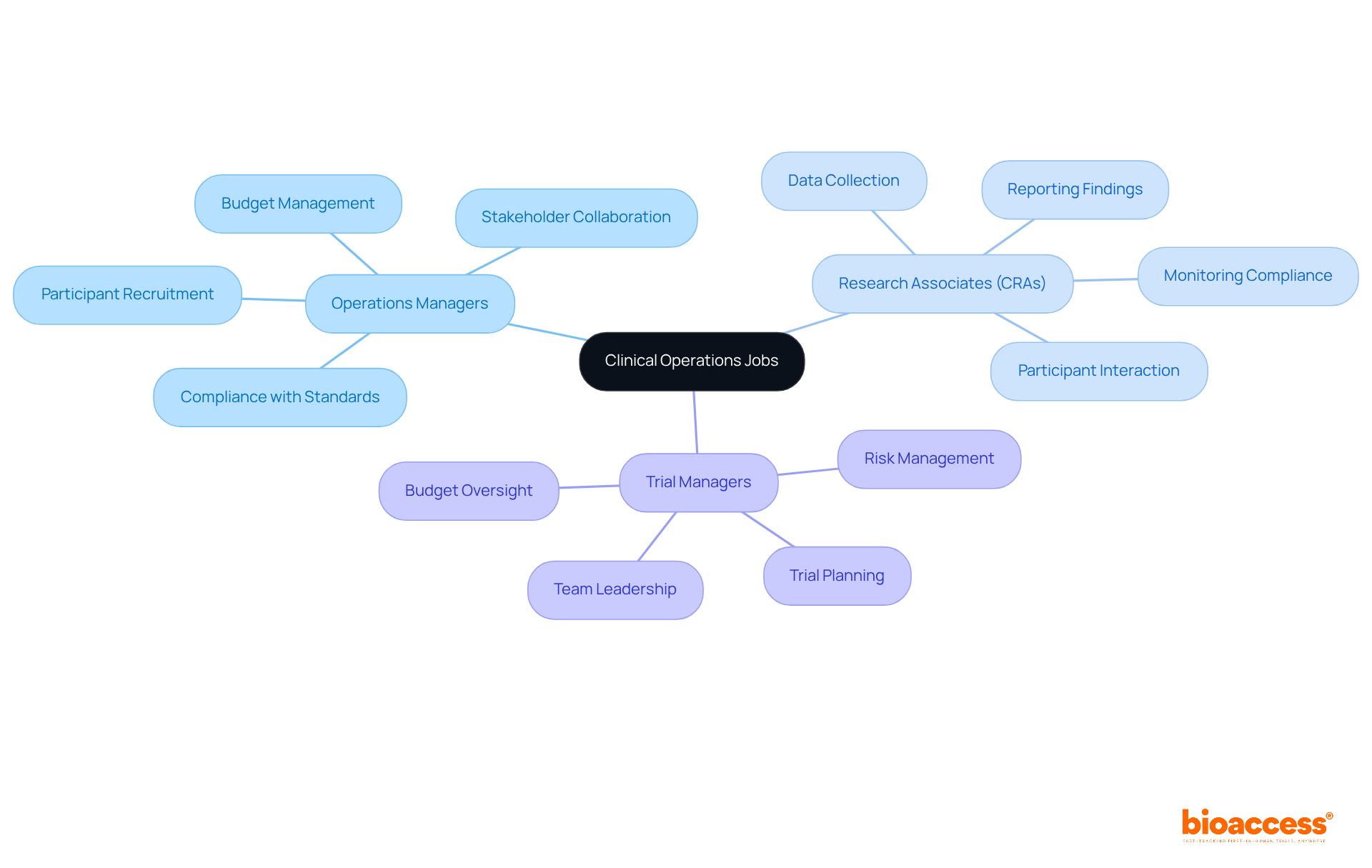 The central node represents clinical operations jobs, while branches represent key roles and their essential responsibilities — follow the branches to see how each role contributes to research effectiveness.