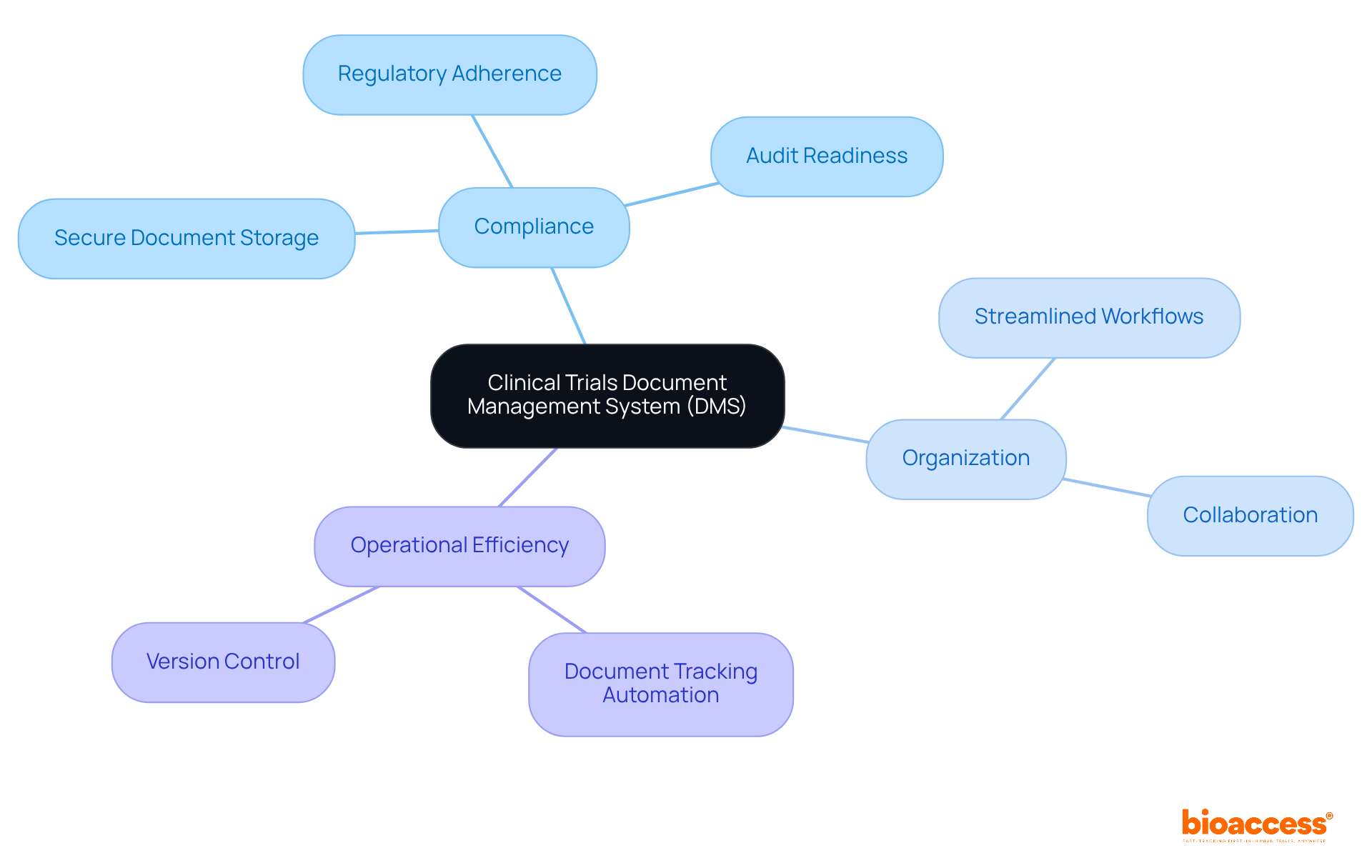 This mindmap starts with the DMS at the center. From there, you can see how it connects to important aspects like compliance and organization, along with specific features that enhance the study process.