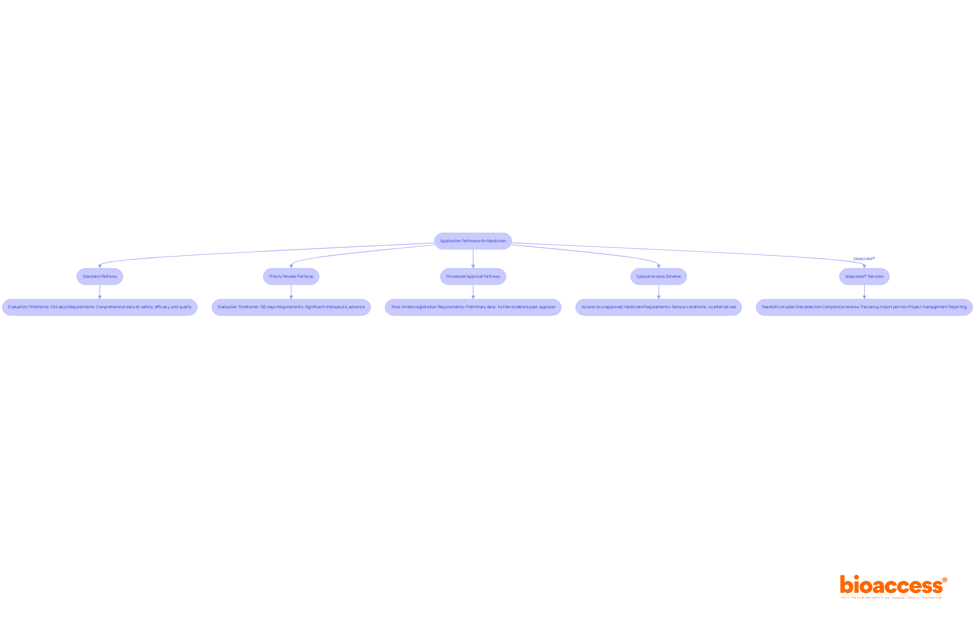 Each pathway box represents a different route for applying for medicines. The details within each box outline the key requirements and evaluation timelines. Follow the branches to see the various options available for medicine approval.