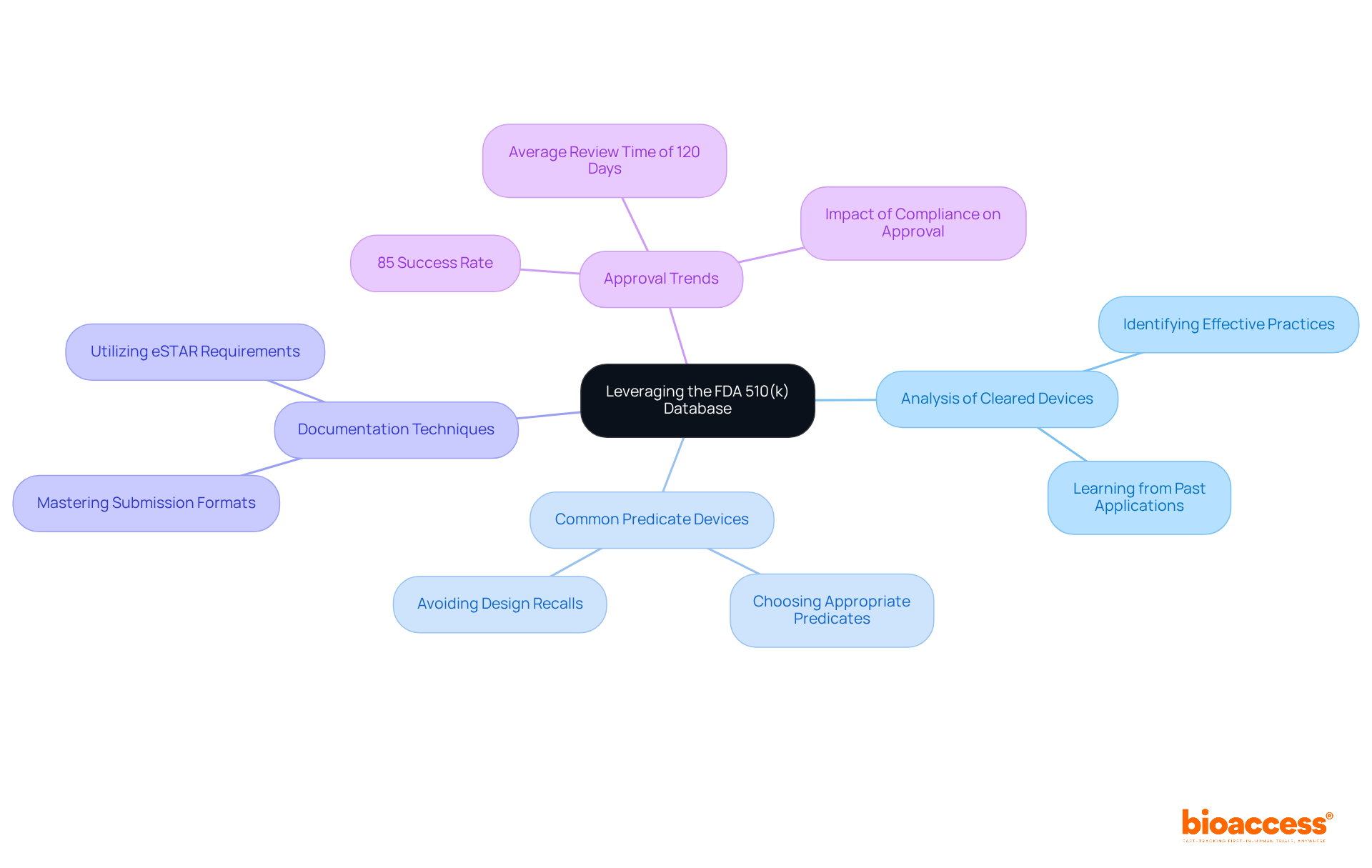 The central node represents the main focus on leveraging the FDA database. Each branch shows different strategies and insights that can help medtech innovators enhance their application approaches — the further you go out, the more detailed the information becomes.