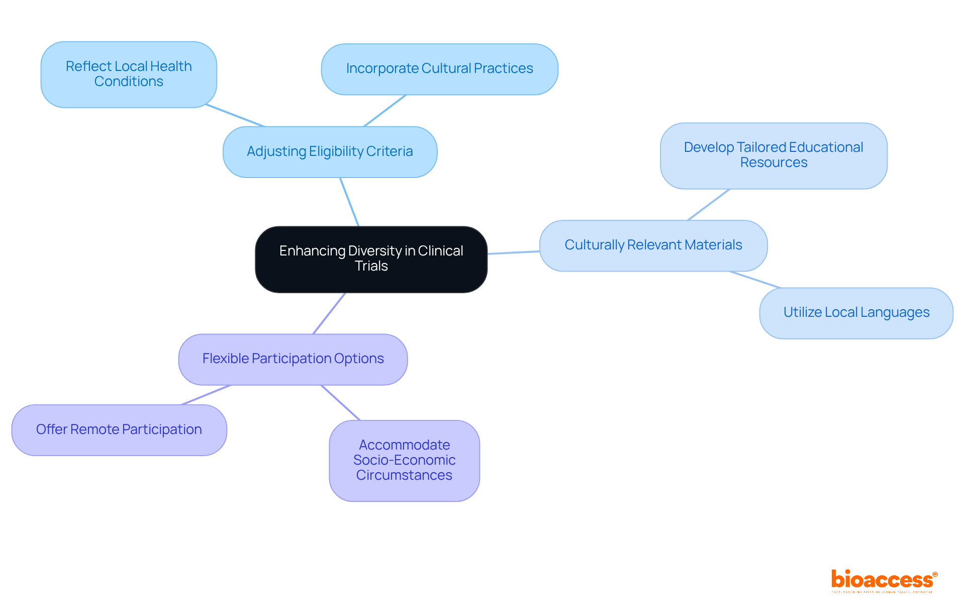 Start at the center with the main goal of enhancing diversity, and follow the branches to see the strategies and specific actions that support this aim.