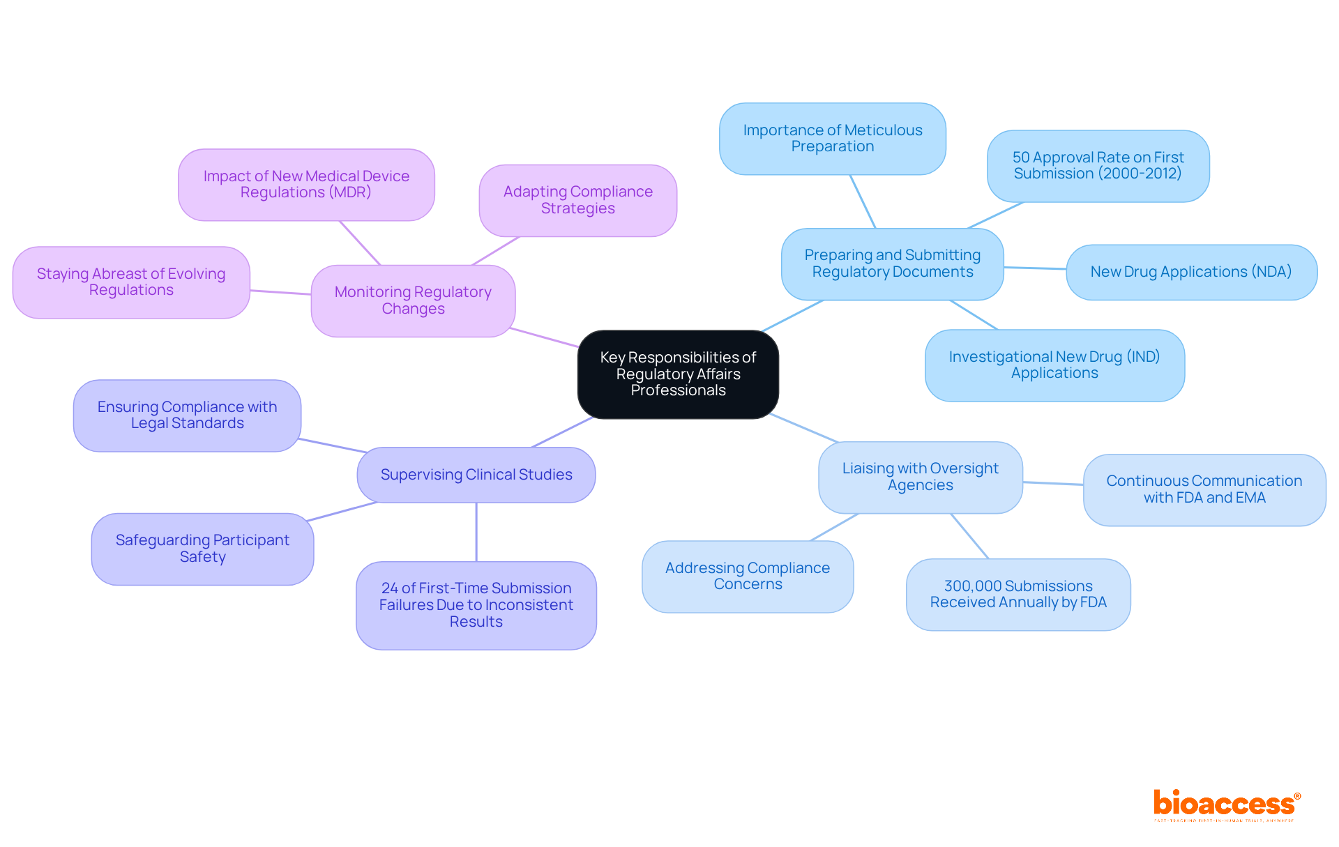 The central node represents the main responsibilities, with branches showing detailed tasks and insights related to each responsibility. This helps to visualize how various roles interconnect in the regulatory process.