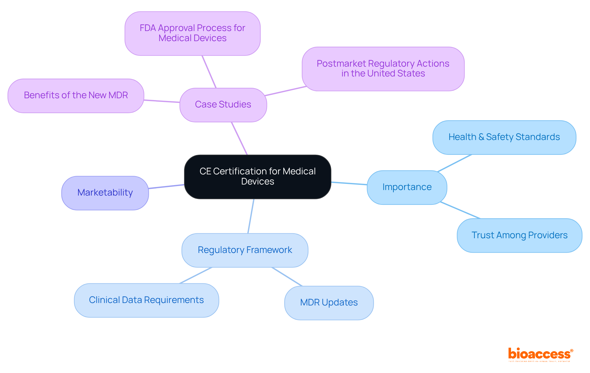 The central node represents CE certification, with branches showing its significance and implications for manufacturers, market standards, and regulatory processes.