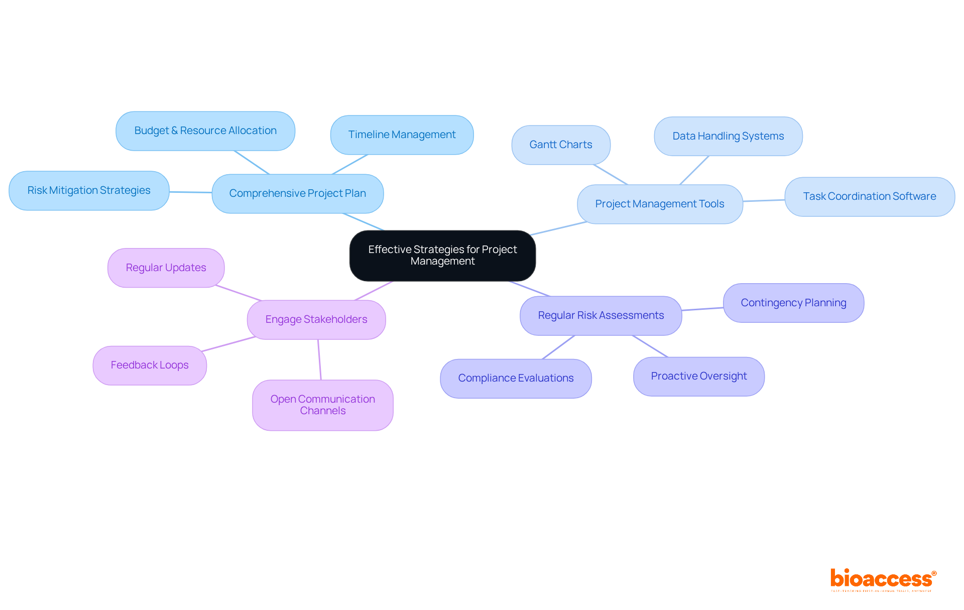 The central node represents the main theme of effective project management strategies, while the branches represent individual strategies. Each sub-branch provides additional details, helping you understand the comprehensive approach to clinical trial management.