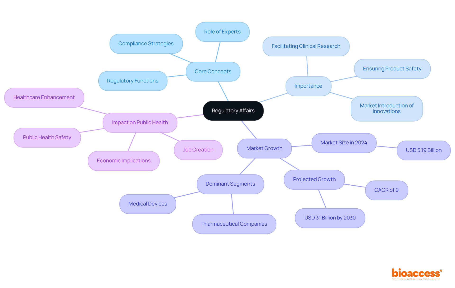 Each branch represents a key aspect of regulatory affairs. Explore how these aspects connect and impact public health and the healthcare market.