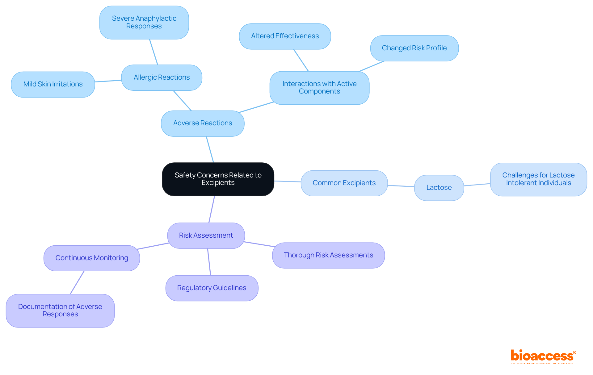 Start at the center with the main topic of safety concerns, then follow the branches to explore different reactions, specific excipients like lactose, and the need for thorough risk assessments.