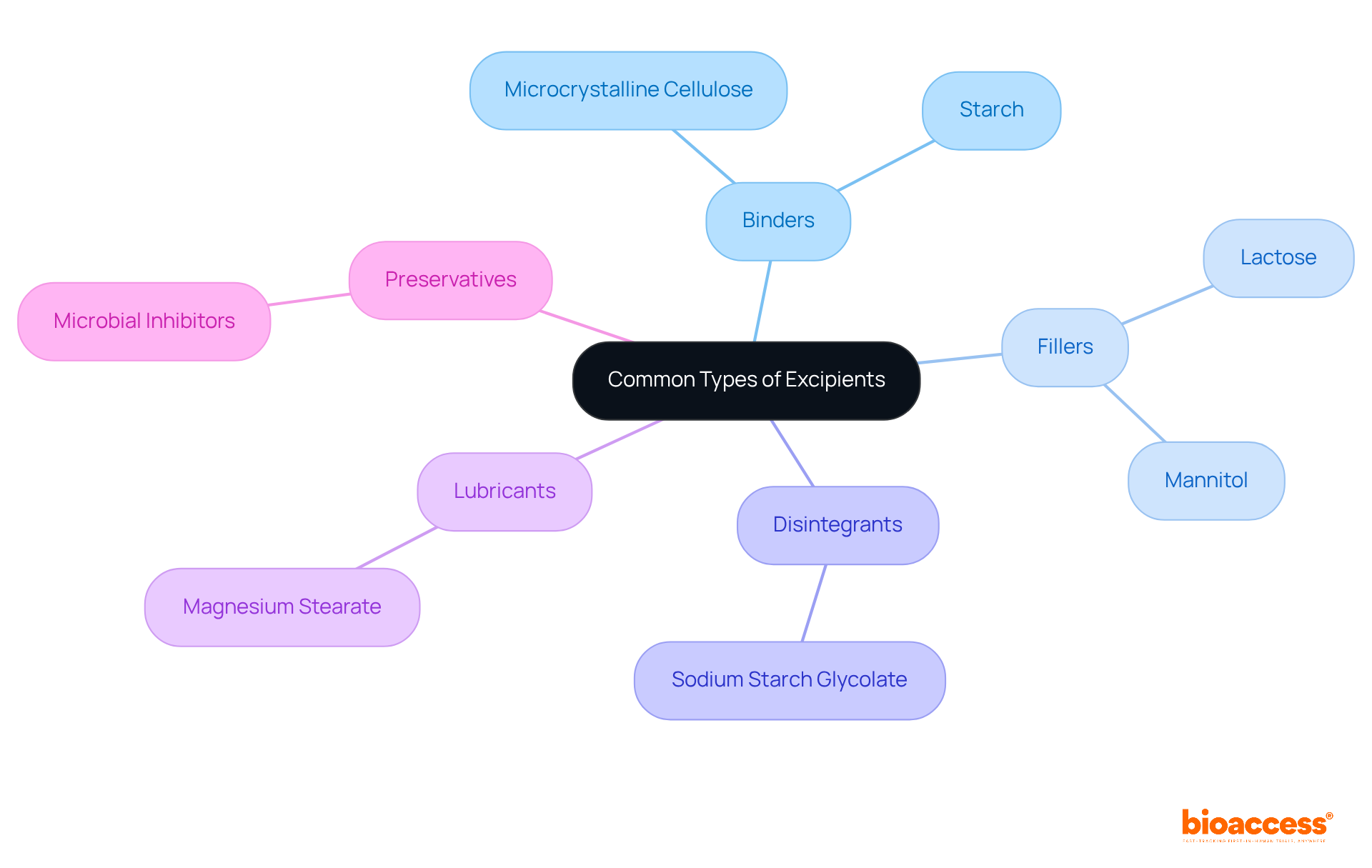 The center represents the overall topic of excipients, with branches showing the different categories. Each sub-branch lists specific examples, illustrating how these categories contribute to pharmaceutical formulations.