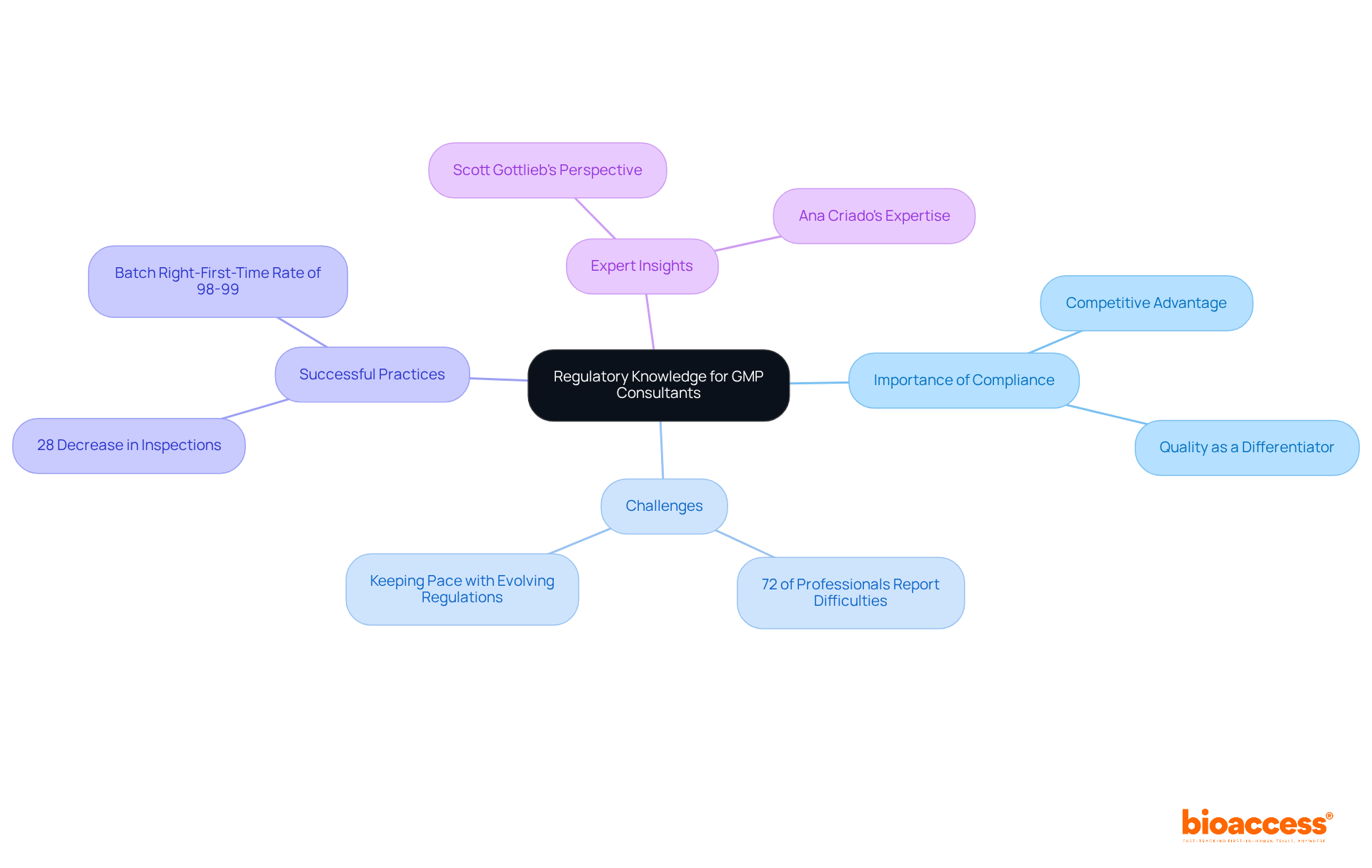 The center represents the overall theme of regulatory knowledge. Each branch highlights an important aspect, helping you understand how they relate to the consultant's role in ensuring compliance and improving performance.