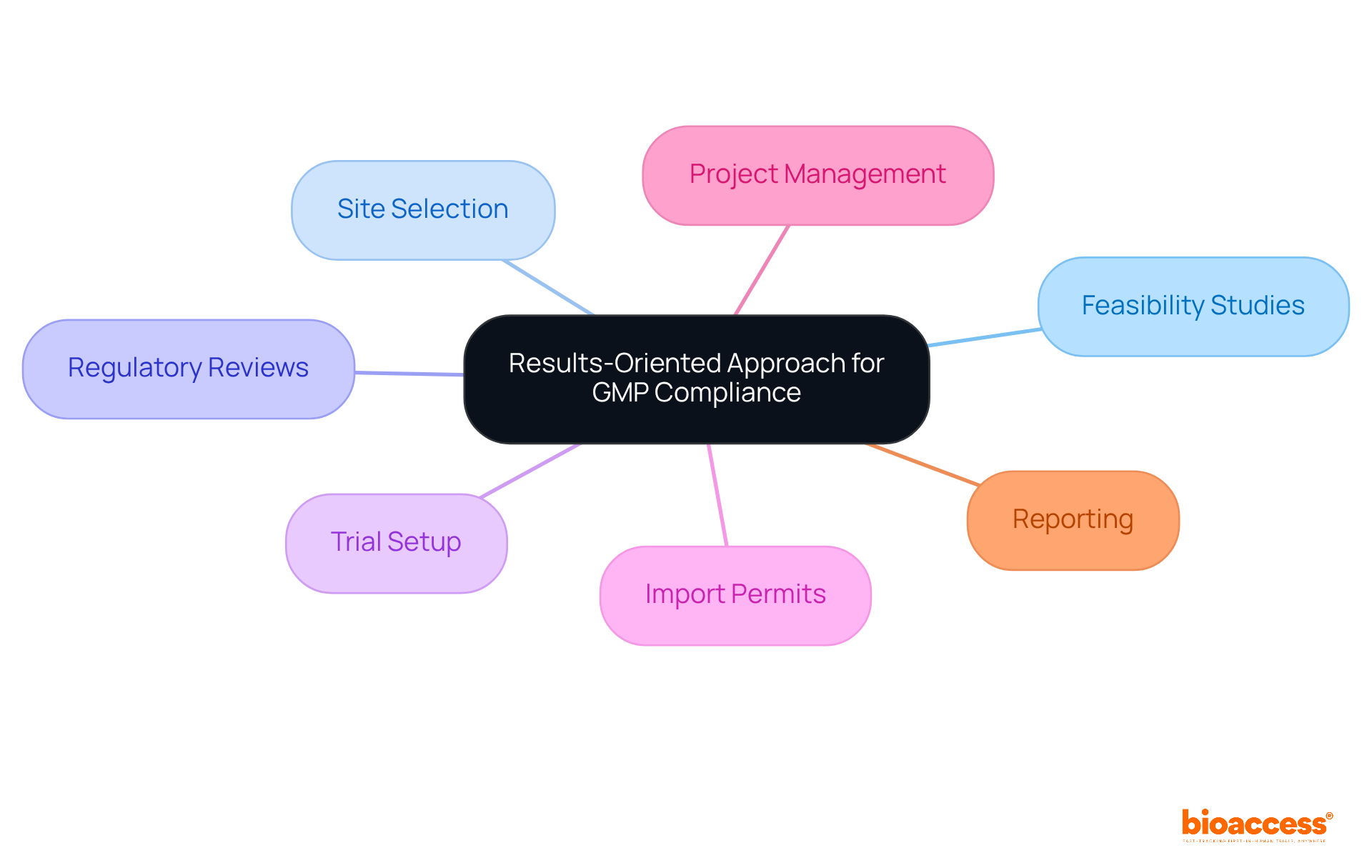 At the center is the main strategy, and the branches show the different services that help achieve GMP compliance. Each branch represents an important area that contributes to overall success.