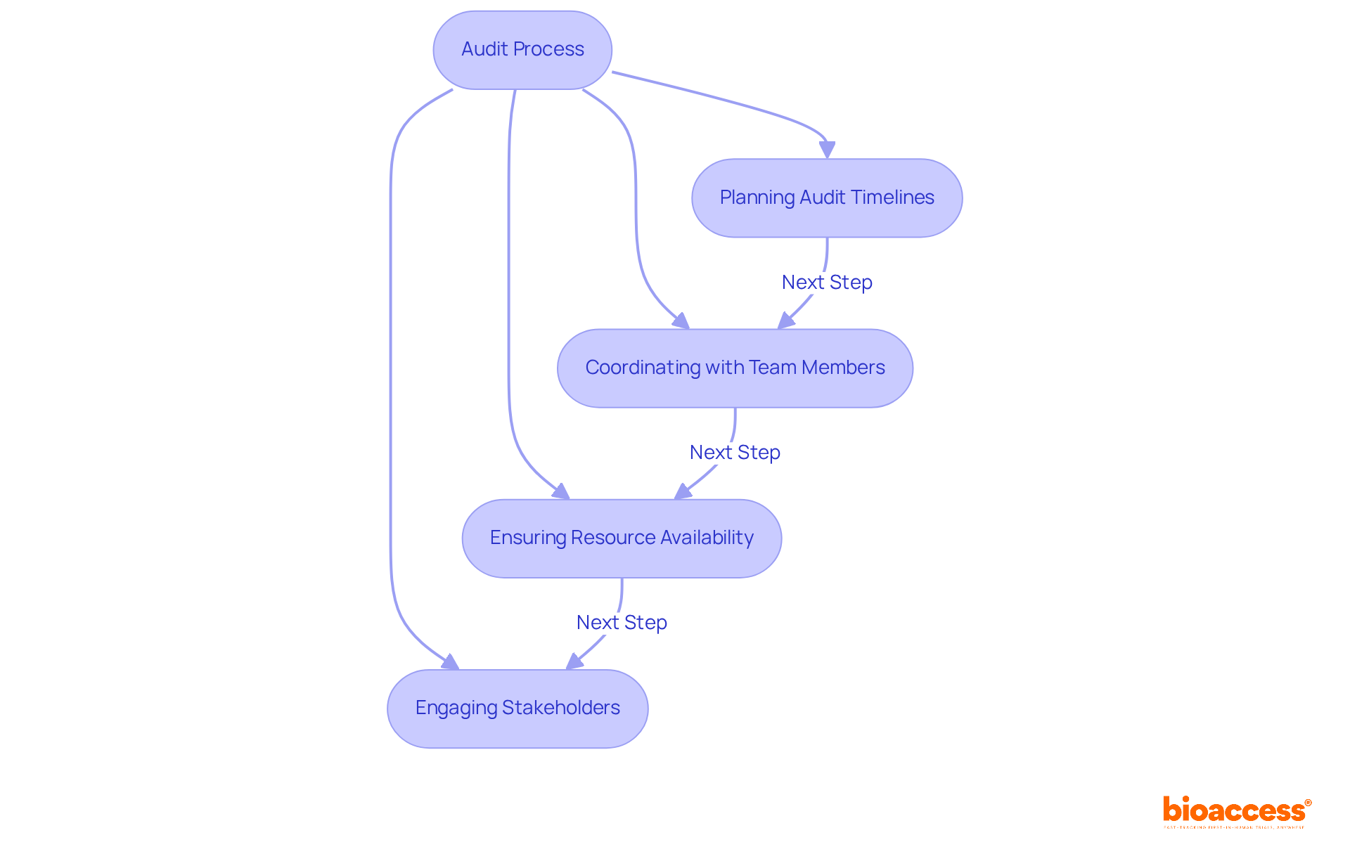 This flowchart outlines the key activities involved in managing audit processes. Each step is connected, showing how they lead to successful auditing outcomes.