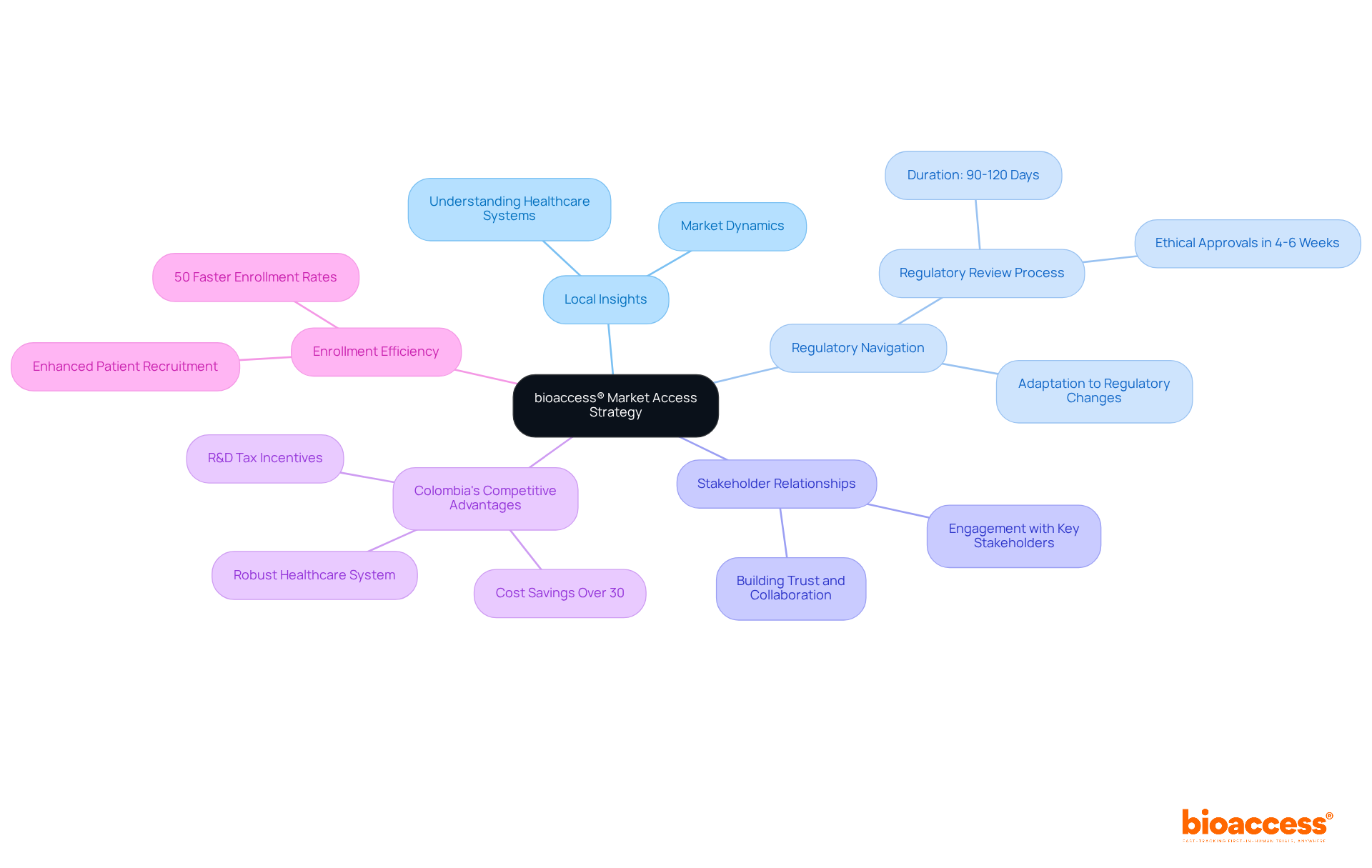 The center shows the main strategy, while branches represent different aspects that support successful market access. Each sub-point gives detail on how bioaccess® enhances client opportunities.