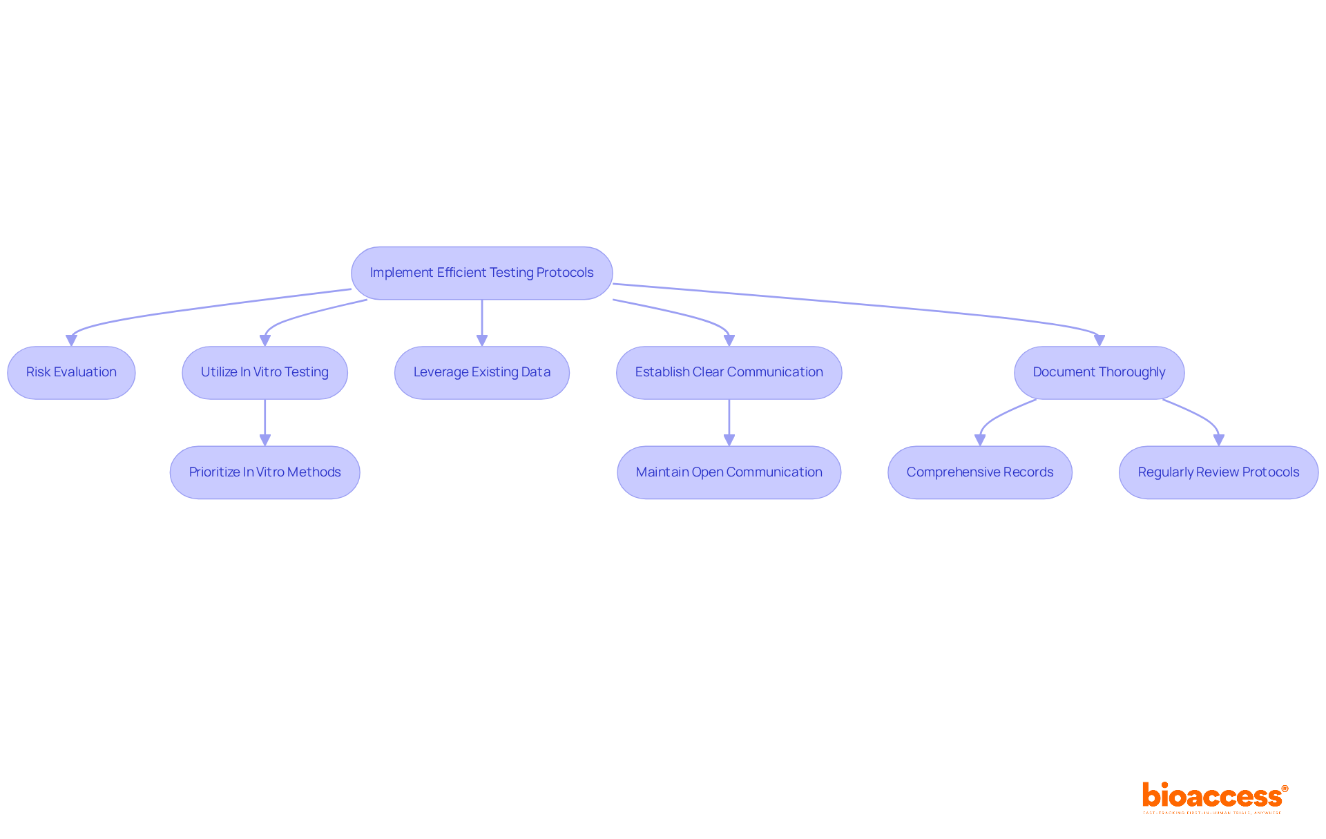 Follow the arrows to see how each step connects in the process of enhancing testing efficiency. Each box represents a key action or consideration, with branching actions that provide additional context.