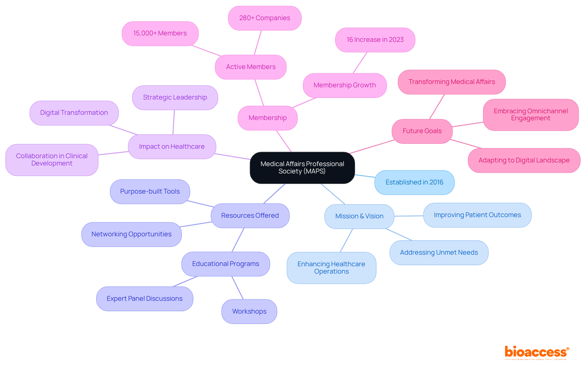 The central node represents MAPS, with branches showing key areas of focus. Follow each branch to explore how MAPS contributes to healthcare and its strategic initiatives.