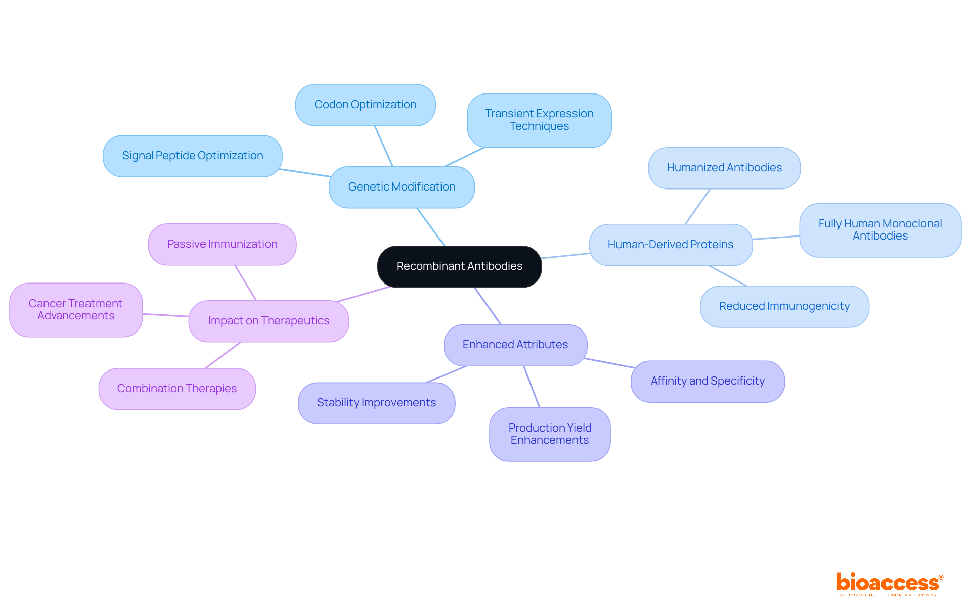 The central node represents recombinant antibodies, with branches showing different innovations and benefits. Each color-coded branch highlights specific areas of advancement, making it easy to see how they contribute to the overall topic.