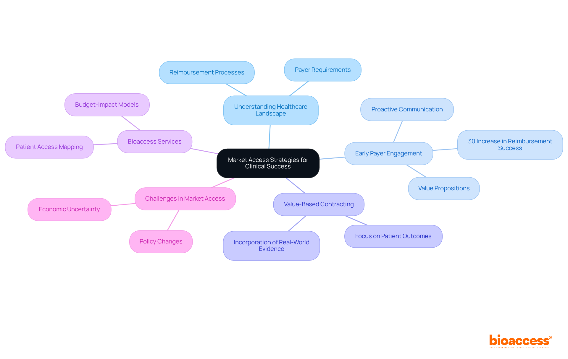 Start at the center with the primary strategy and follow the branches to explore key aspects, insights, and services that contribute to successful market access.