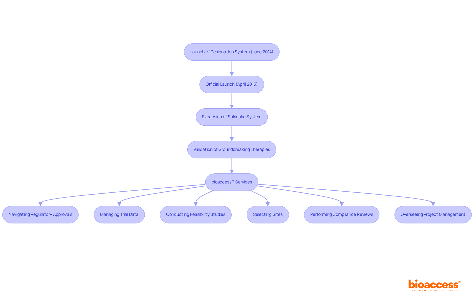 The flowchart starts with the origins of the Sakigake system and shows its development over time. The side branch illustrates how bioaccess® supports Medtech startups through specific services, emphasizing the connection between these initiatives.