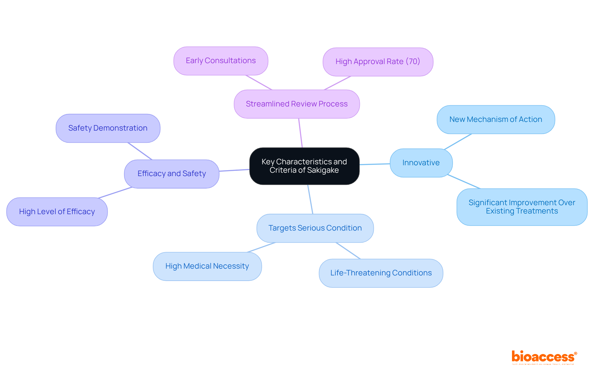 The central node represents the main topic, while the branches outline critical criteria that items must meet. Additional sub-branches provide clarity on each criterion, helping to visualize what makes an item qualify for Sakigake designation.