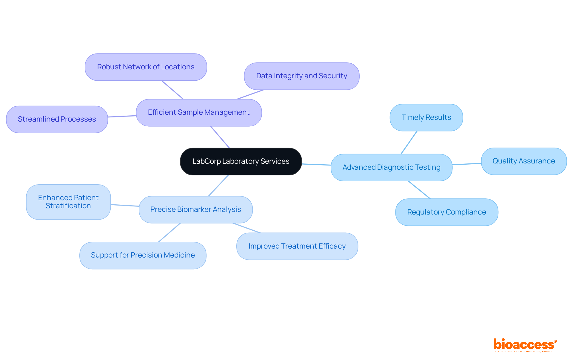 The central node represents LabCorp's services, and the branches show specific areas of focus. Each branch highlights how these services contribute to research success.