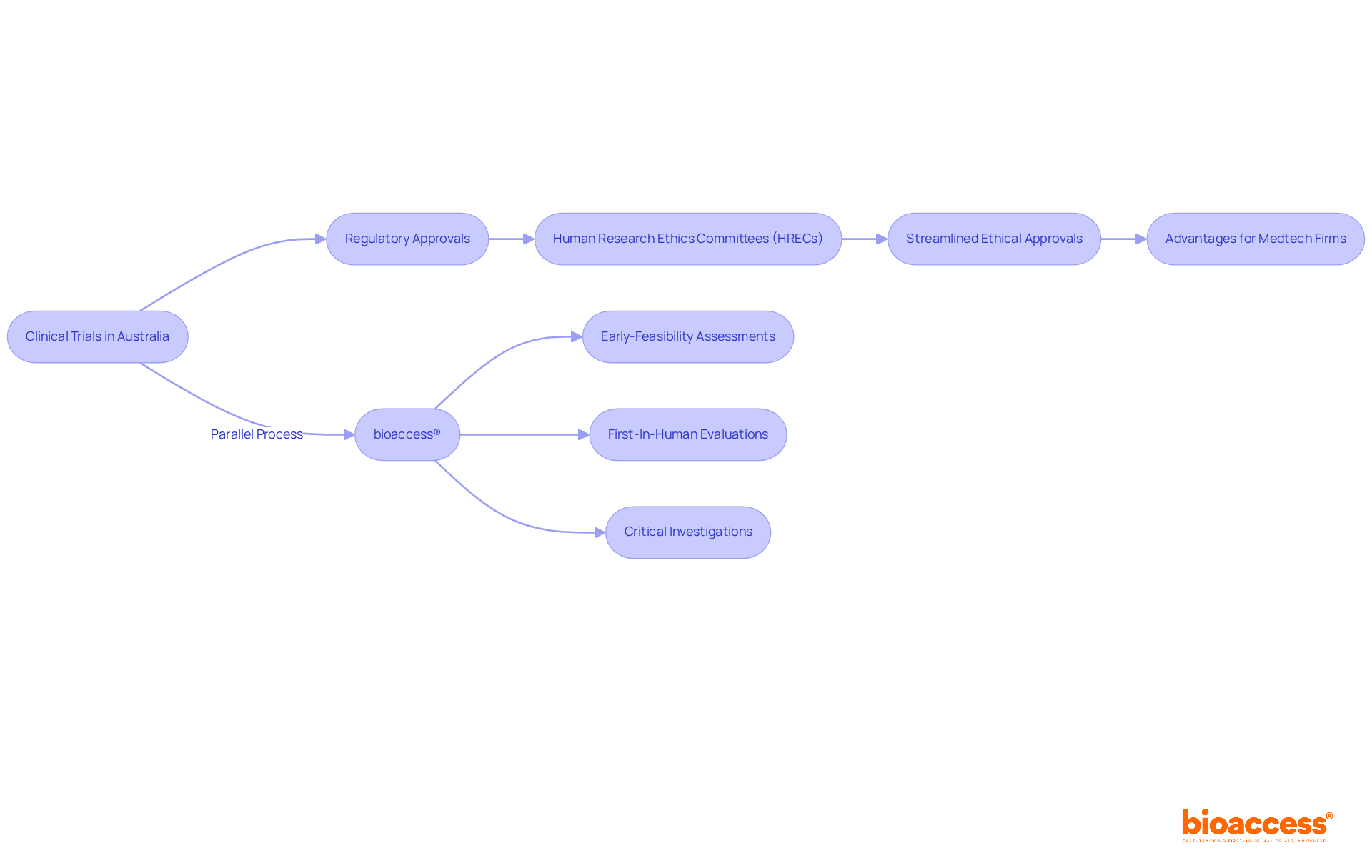 The flowchart outlines the steps for obtaining ethical approvals in Australia and also shows key focus areas for bioaccess® in Latin America. Follow the arrows to understand how each step connects and highlights the importance of navigating these regulatory environments.