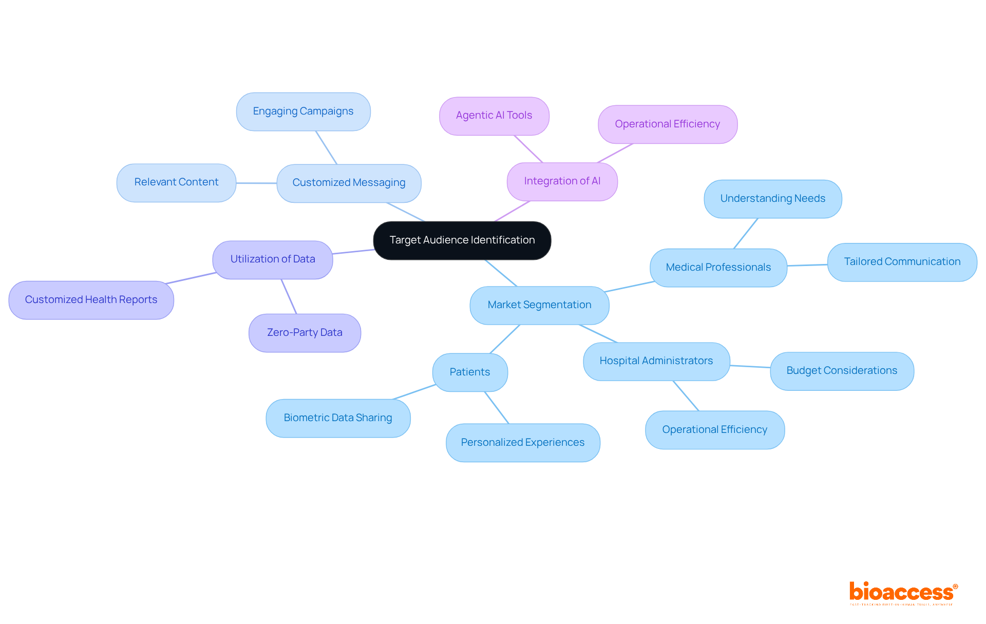 The center represents the main goal of identifying target audiences. The branches show different aspects of audience segmentation and tailored strategies, helping you understand how each part contributes to effective marketing.