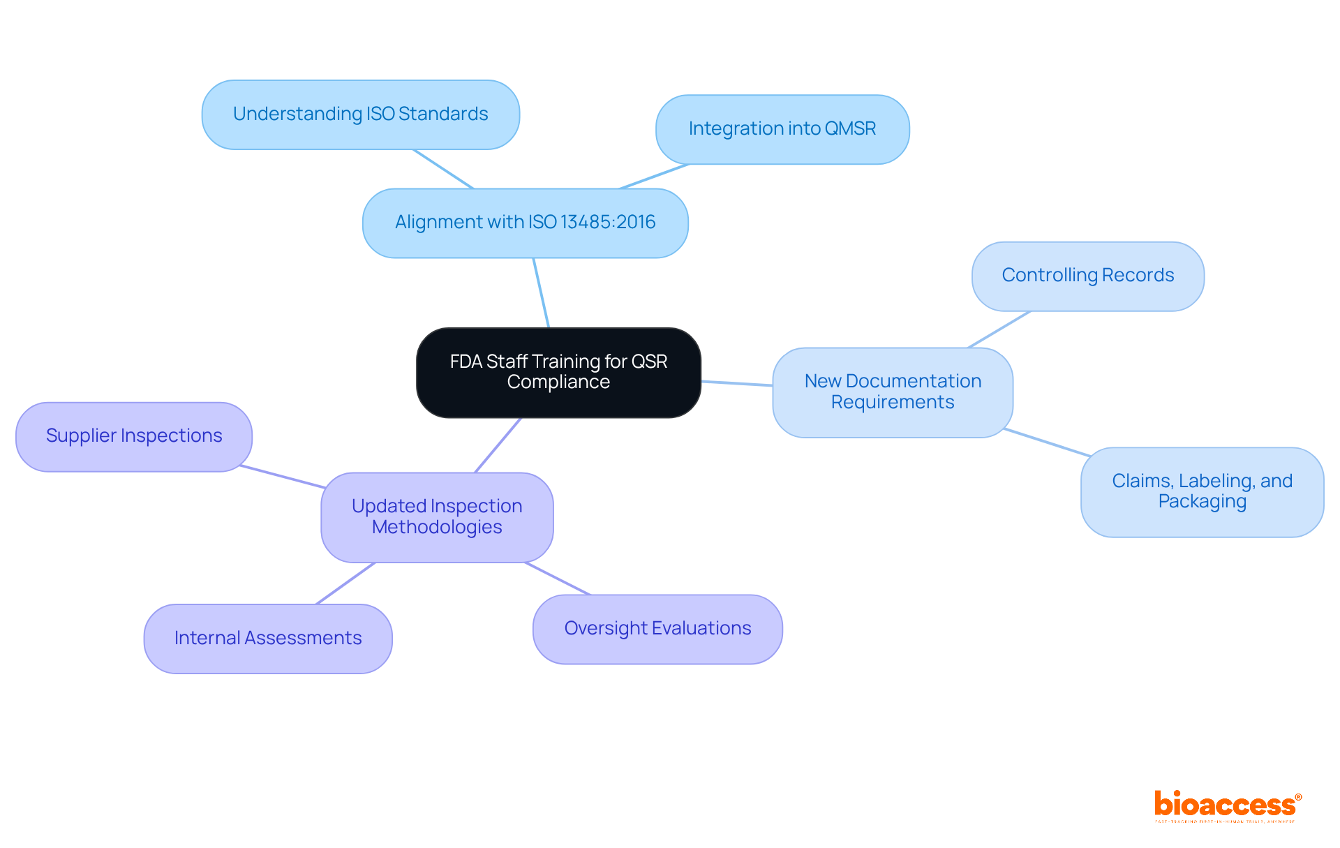 The central node represents the main training theme, while the branches show the critical focus areas. Each sub-branch can provide further details, making it easy to navigate through the training components.