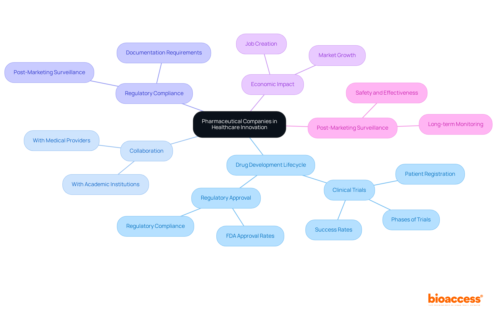 The central node represents the main theme, while the branches indicate different roles and responsibilities. Each sub-branch provides further details, helping you see how these elements connect to drive healthcare innovation.