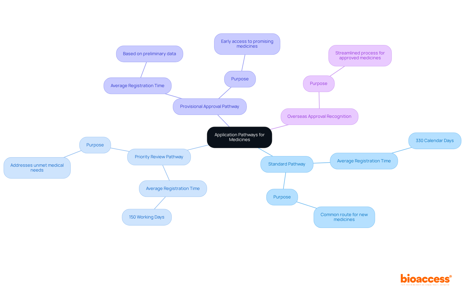 The central node shows the main topic, while the branches represent different pathways. Each pathway branch includes essential details, making it easy to compare their features and understand their roles in the medicine approval process.