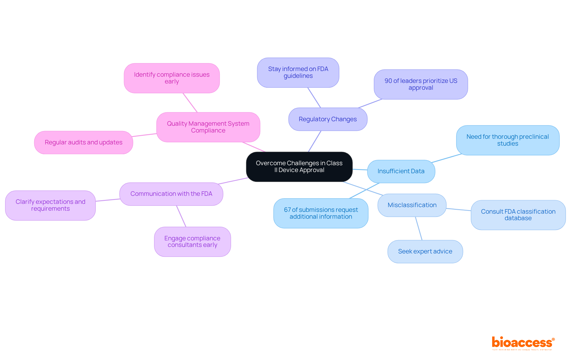 The central node represents the main focus on overcoming challenges in approval. Each branch highlights a specific challenge, with further details provided in sub-branches — follow the branches to explore each challenge and its implications.