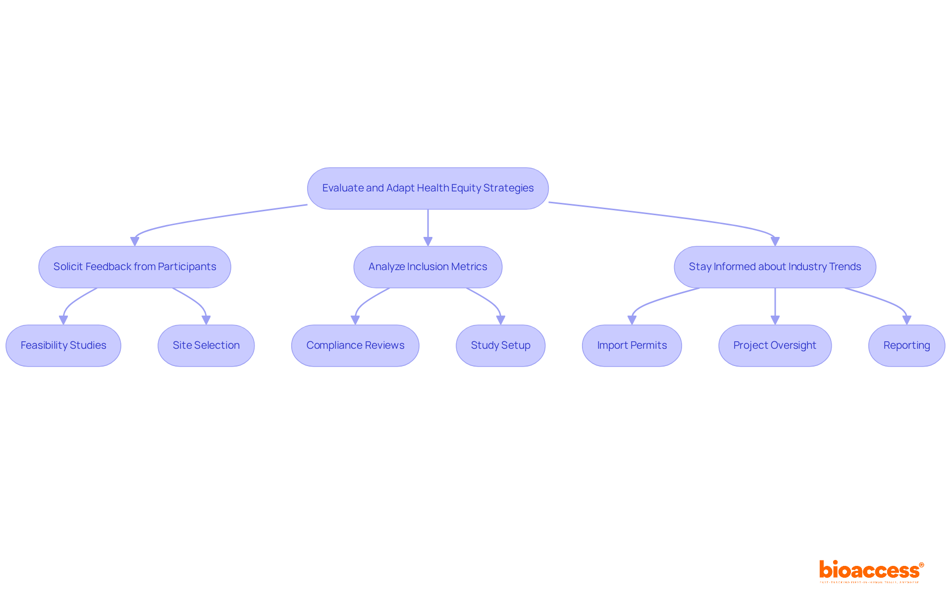 Follow the arrows to see how each step connects in the process of evaluating and adapting health equity strategies. Each box represents an action you can take to improve the inclusivity and effectiveness of clinical trials.