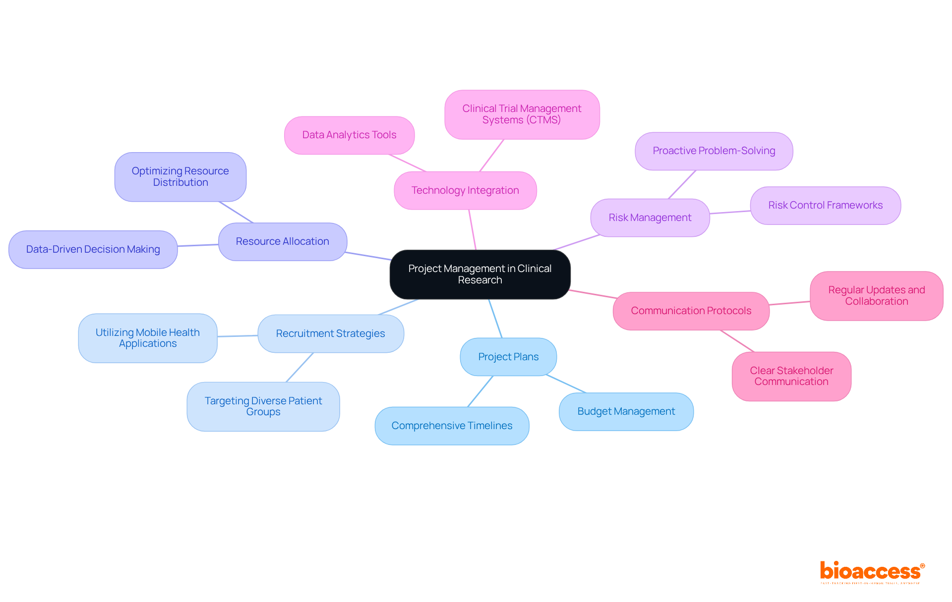 The central node represents the overall focus on project management, while the branches show key areas to consider. Each branch can lead to more detailed actions or strategies related to that area.