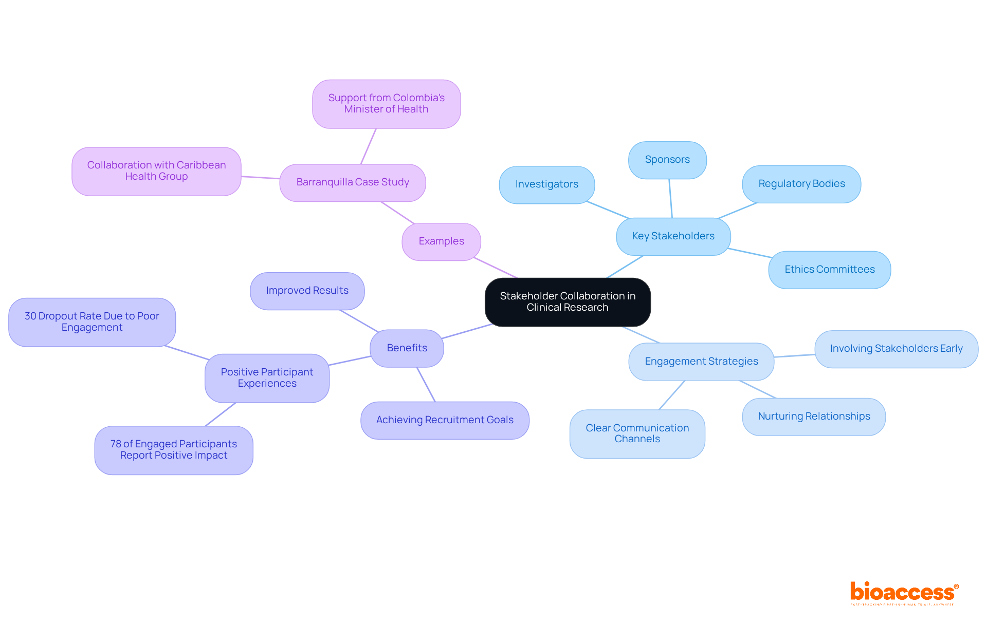 The central node represents the main theme of stakeholder collaboration. Each branch shows related topics, and sub-branches provide specific details or examples. Color coding helps distinguish between different areas, making it easy to navigate the information.