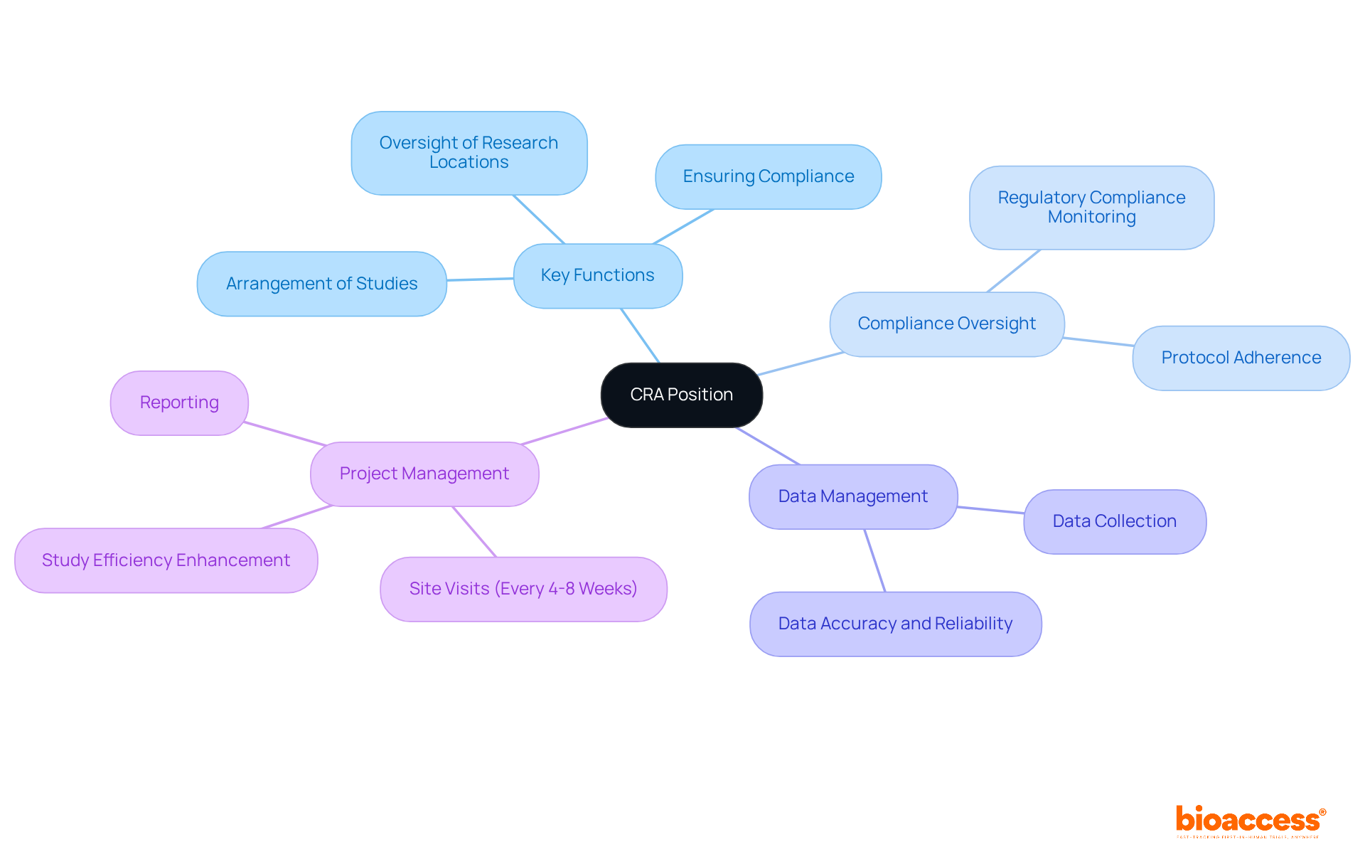 The central node represents the CRA position. Each branch shows a key function or responsibility, and the sub-branches detail specific tasks within those functions. This layout helps visualize the interconnectedness of responsibilities.