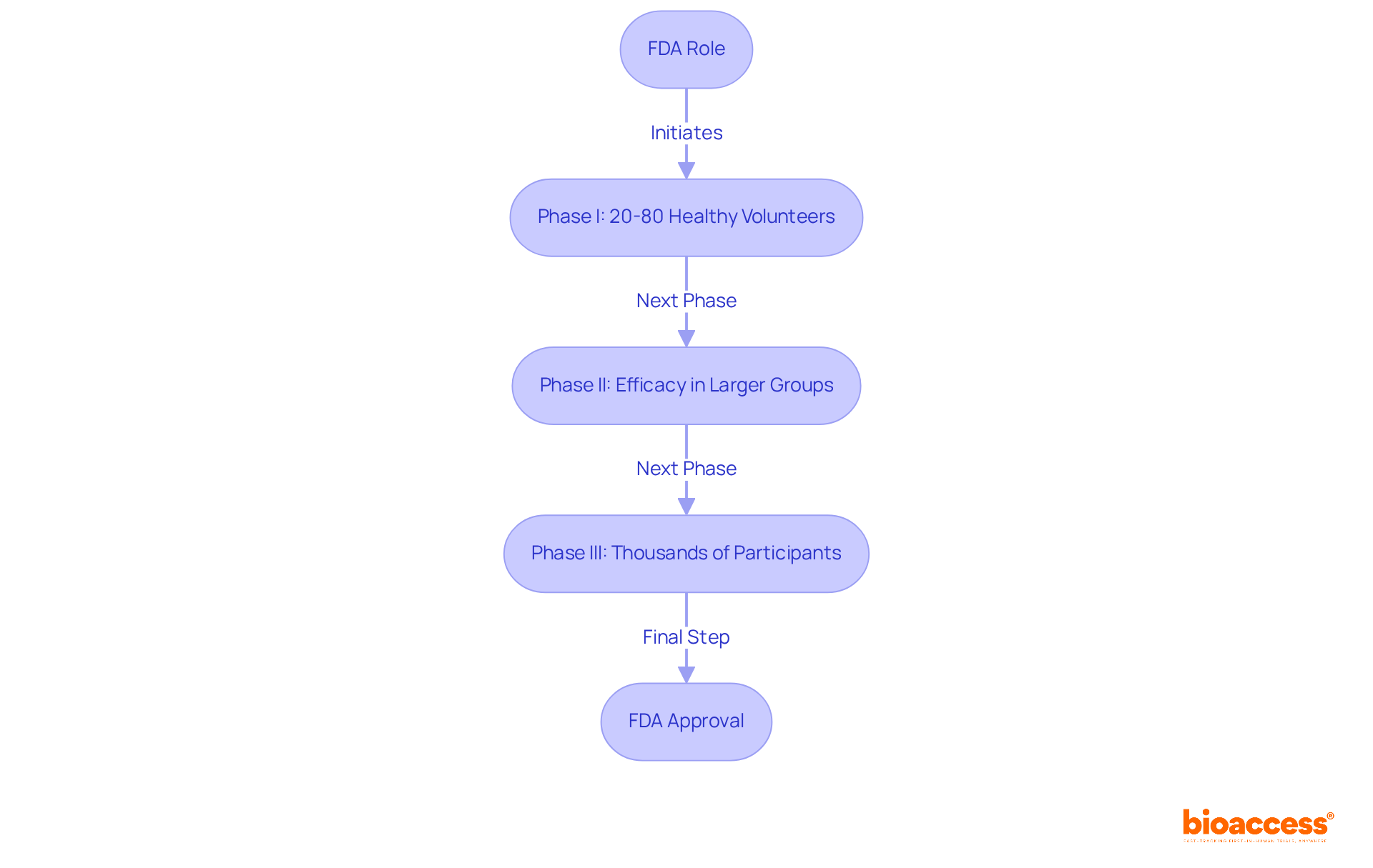 This flowchart shows the steps the FDA takes in the drug approval process. Each box represents a phase in clinical research, starting from initial testing to final approval. Follow the arrows to see how each phase leads to the next.